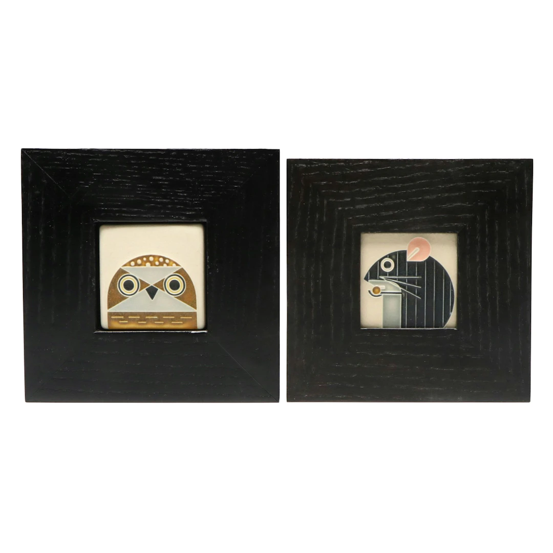 Motawi Tileworks After Charley Harper "Mouse" and "Owlet" Framed Tiles