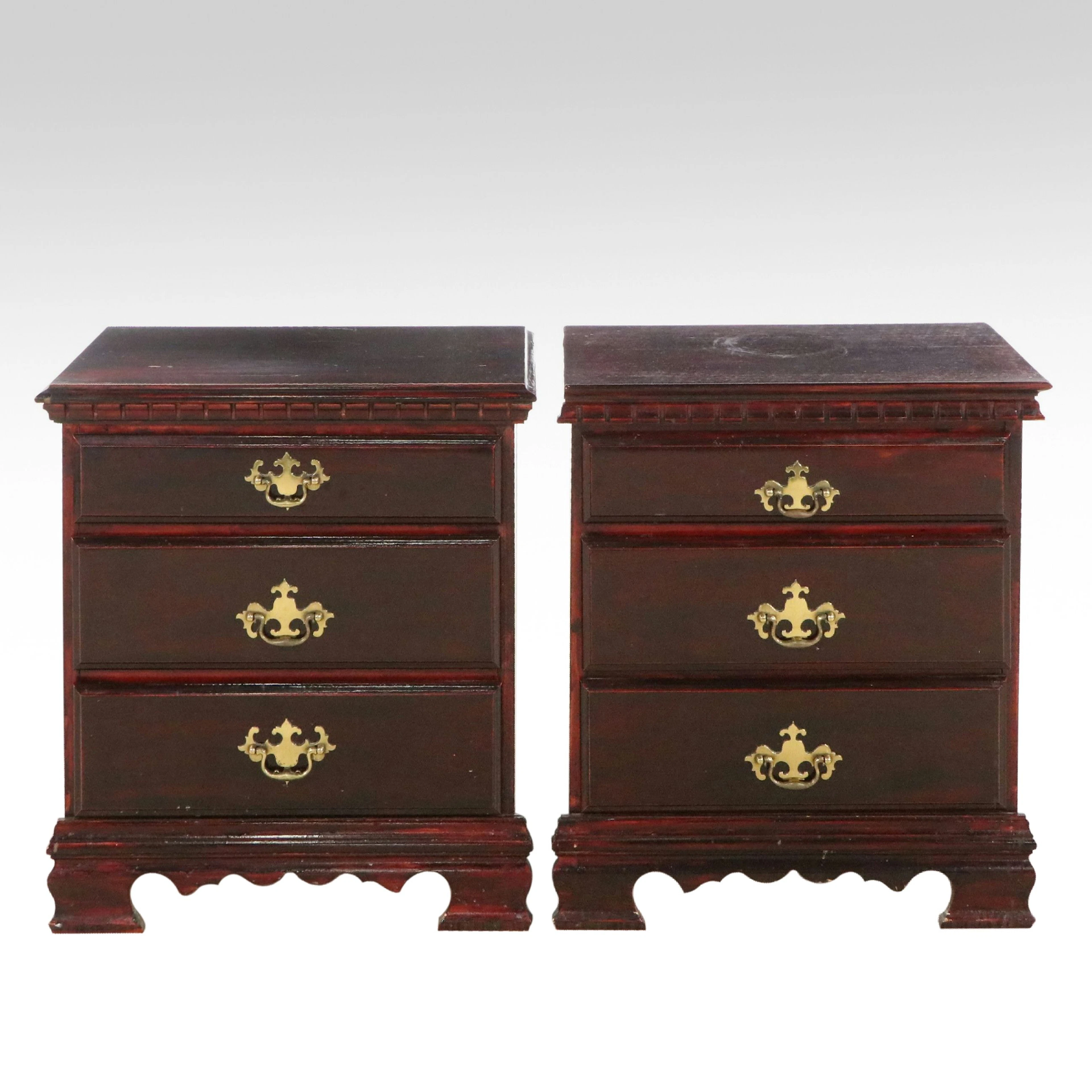 Chippendale Style Three Drawer Wooden Nightstands