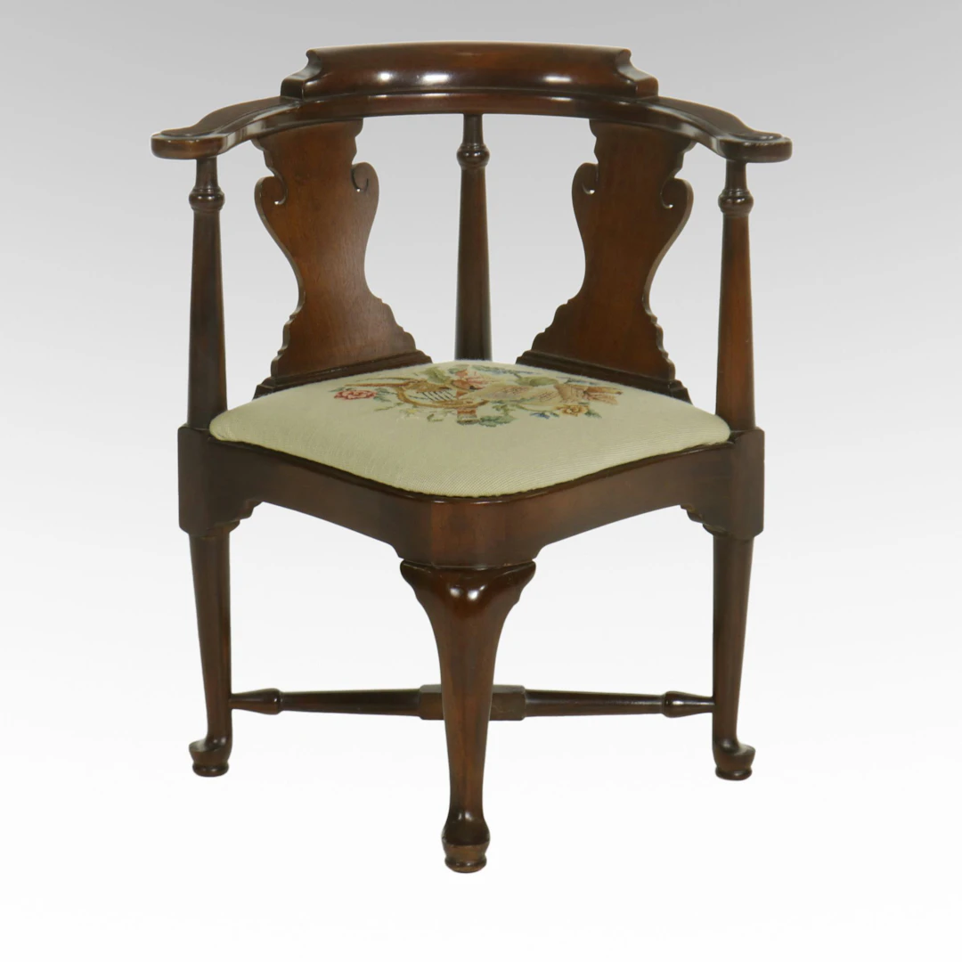 Queen Anne Style Mahogany Corner Chair with Needlepoint Upholstery