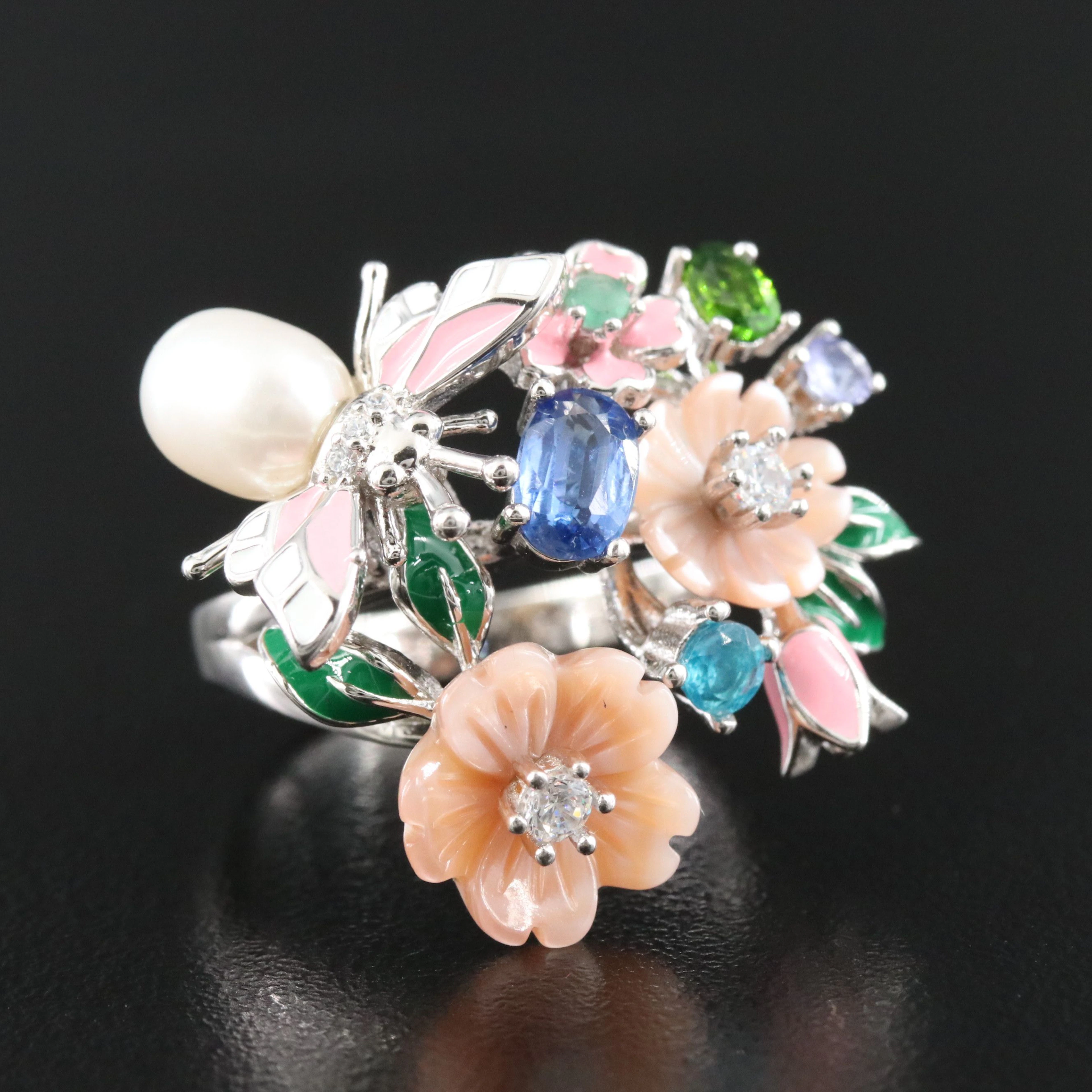 Sterling Enamel Floral Ring Featuring Kyanite, Apatite and Pearl