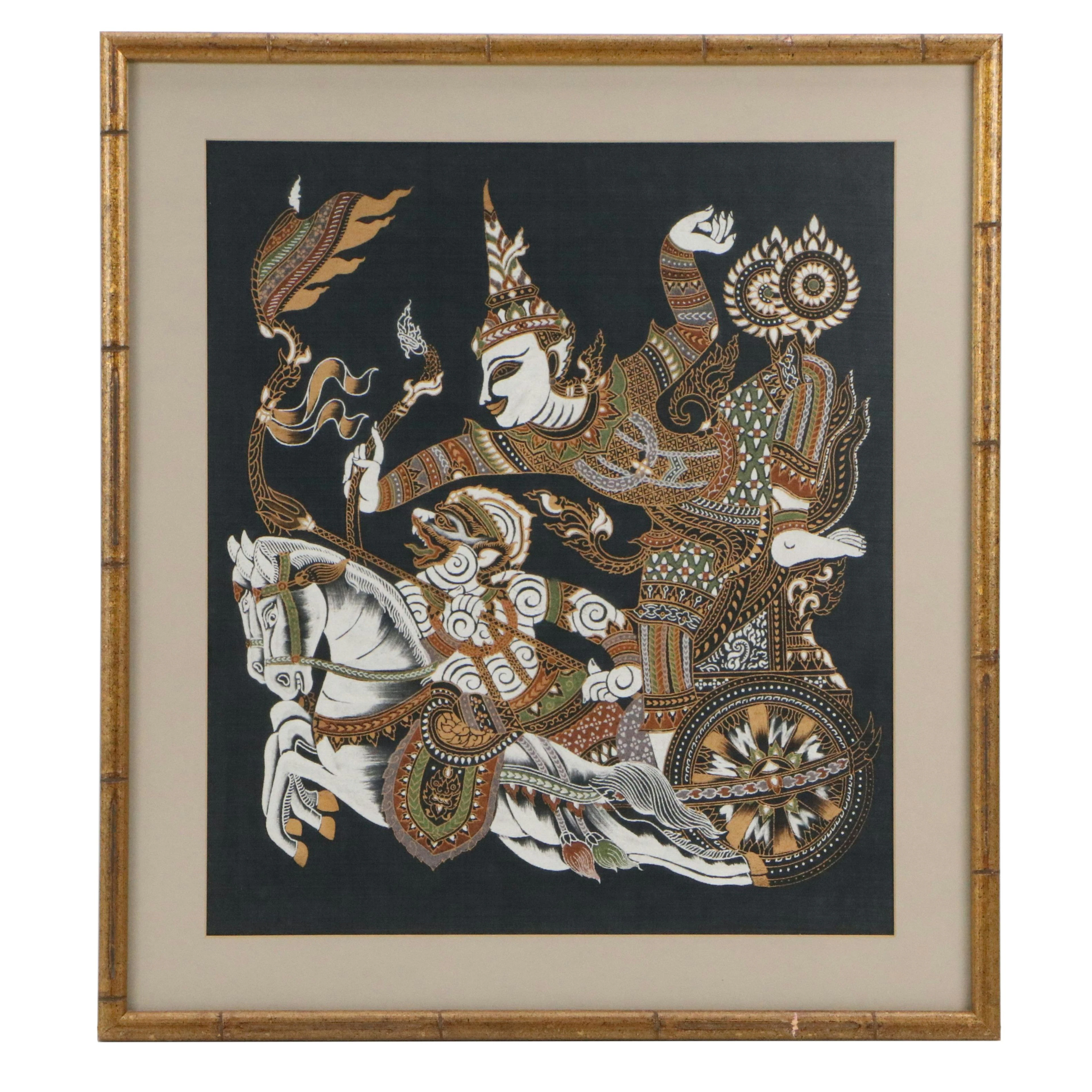 Thai Stencil Painting on Silk Depicting Temple Deities, 20th Century