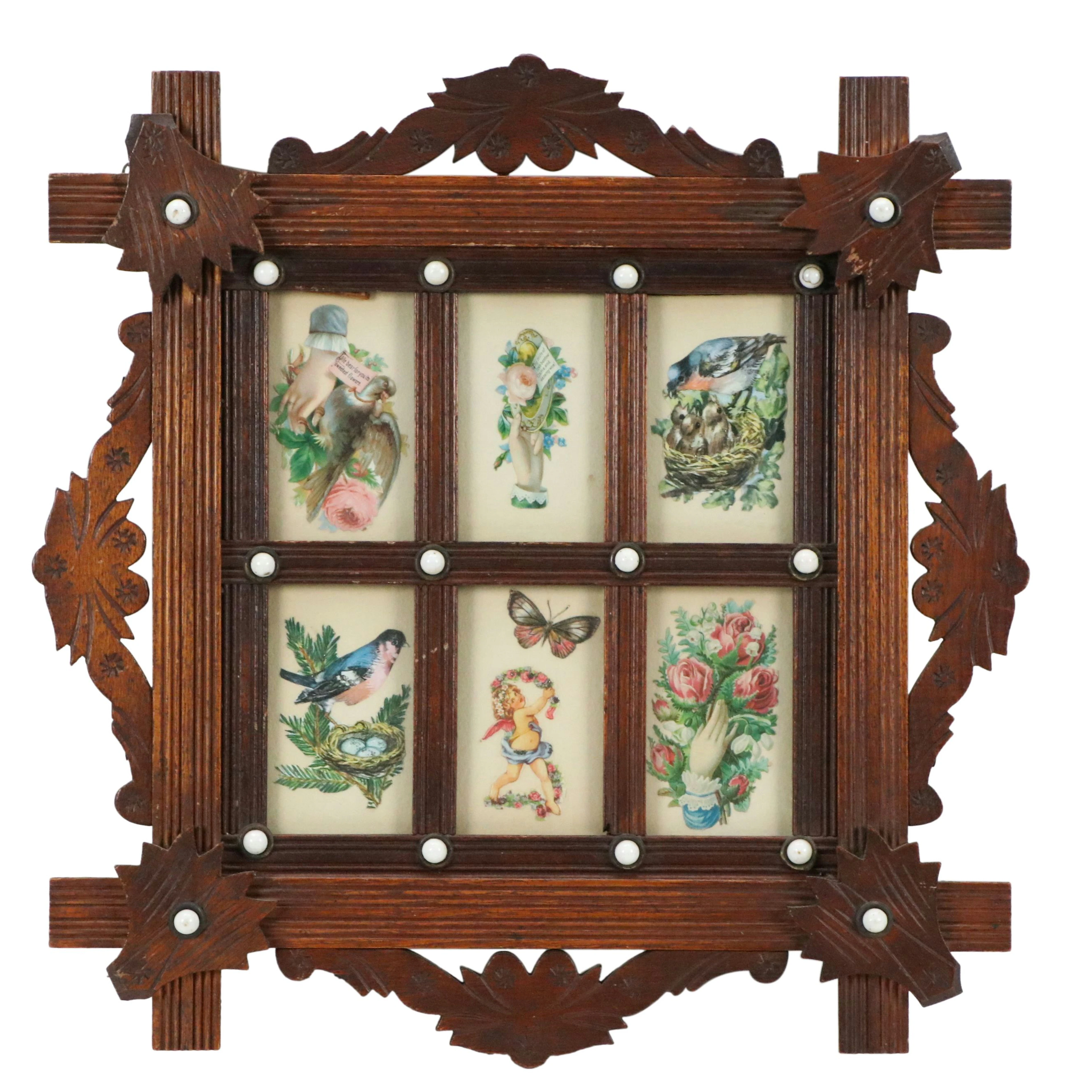 Victorian Sentiment Chromolithograph Prints in Decorative Tramp Art Frame