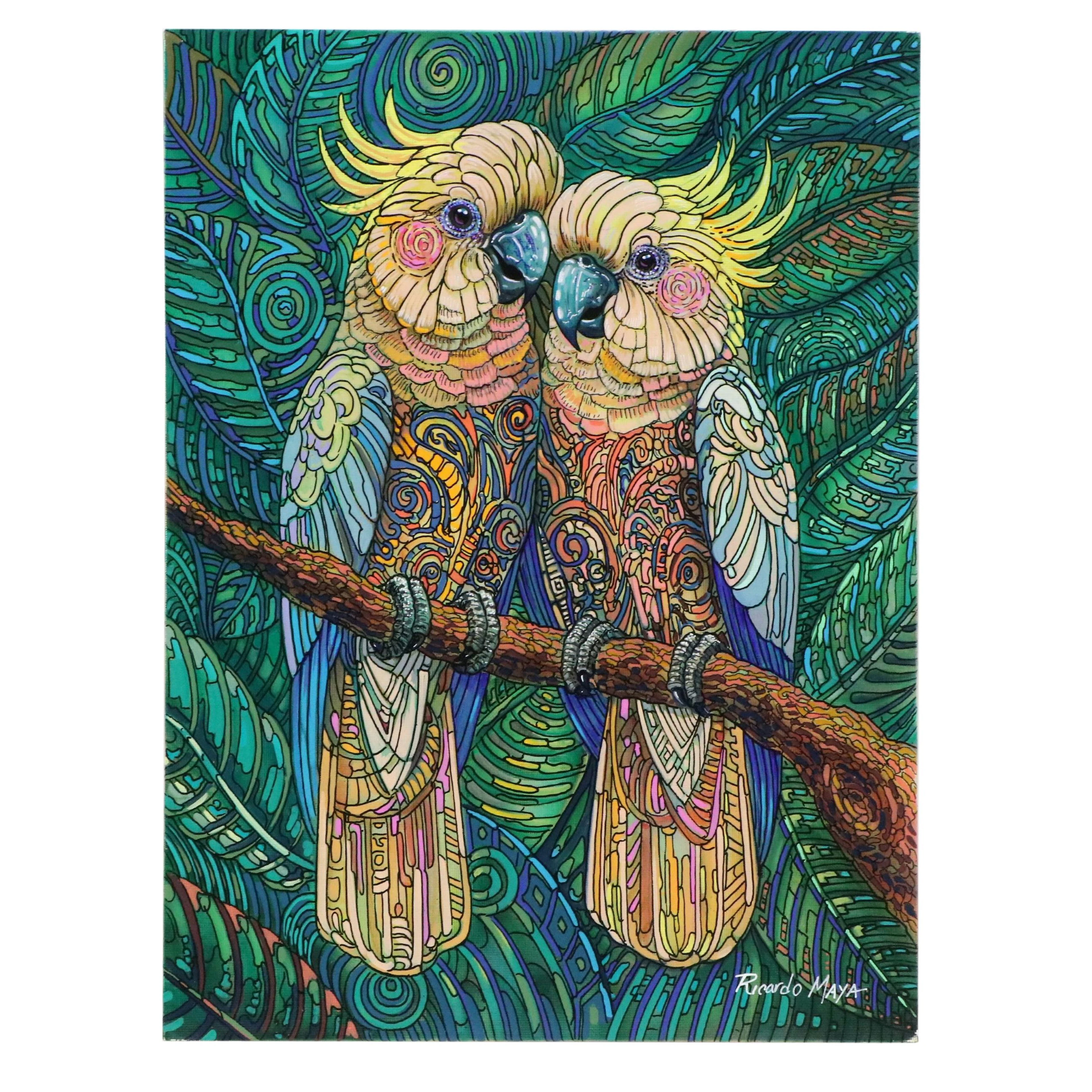 Ricardo Maya Surrealist Acrylic Painting of Cockatoos, 2026
