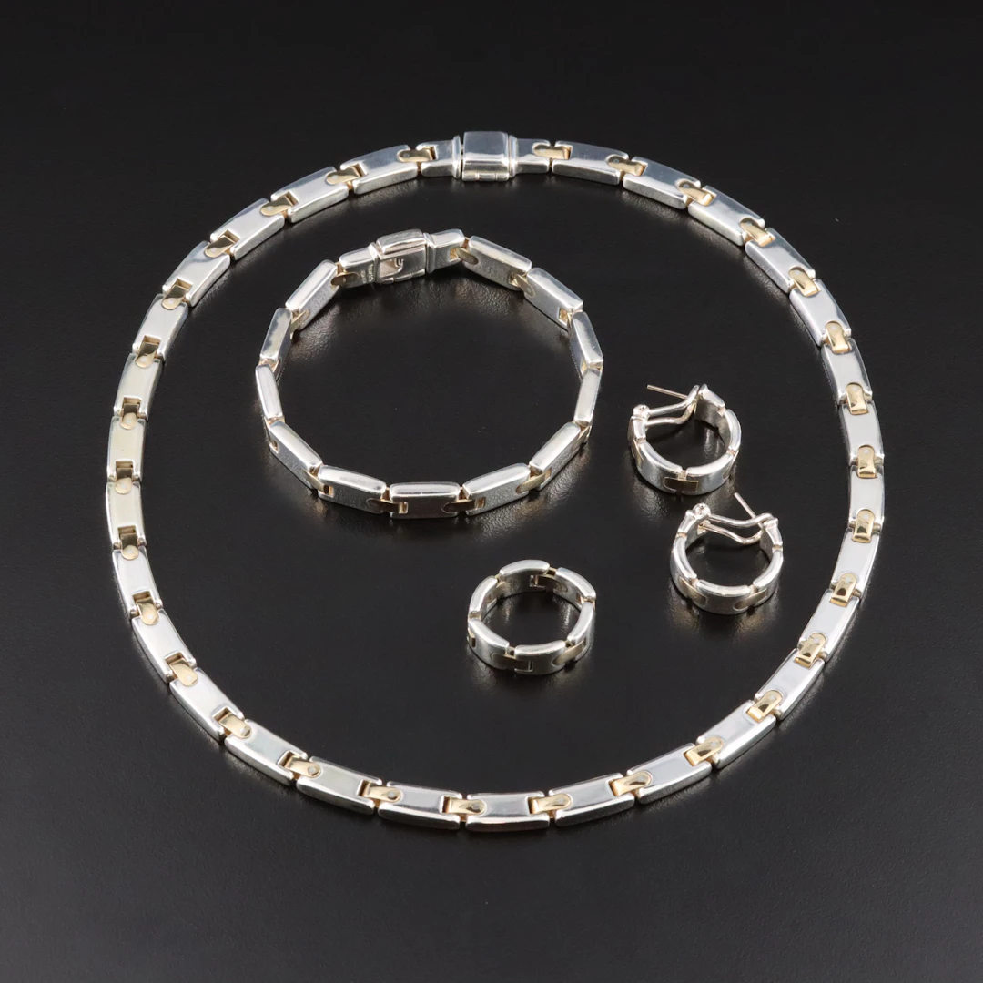 Tiffany & Co. Sterling and 18K Panel Link Necklace, Bracelet, Earrings
