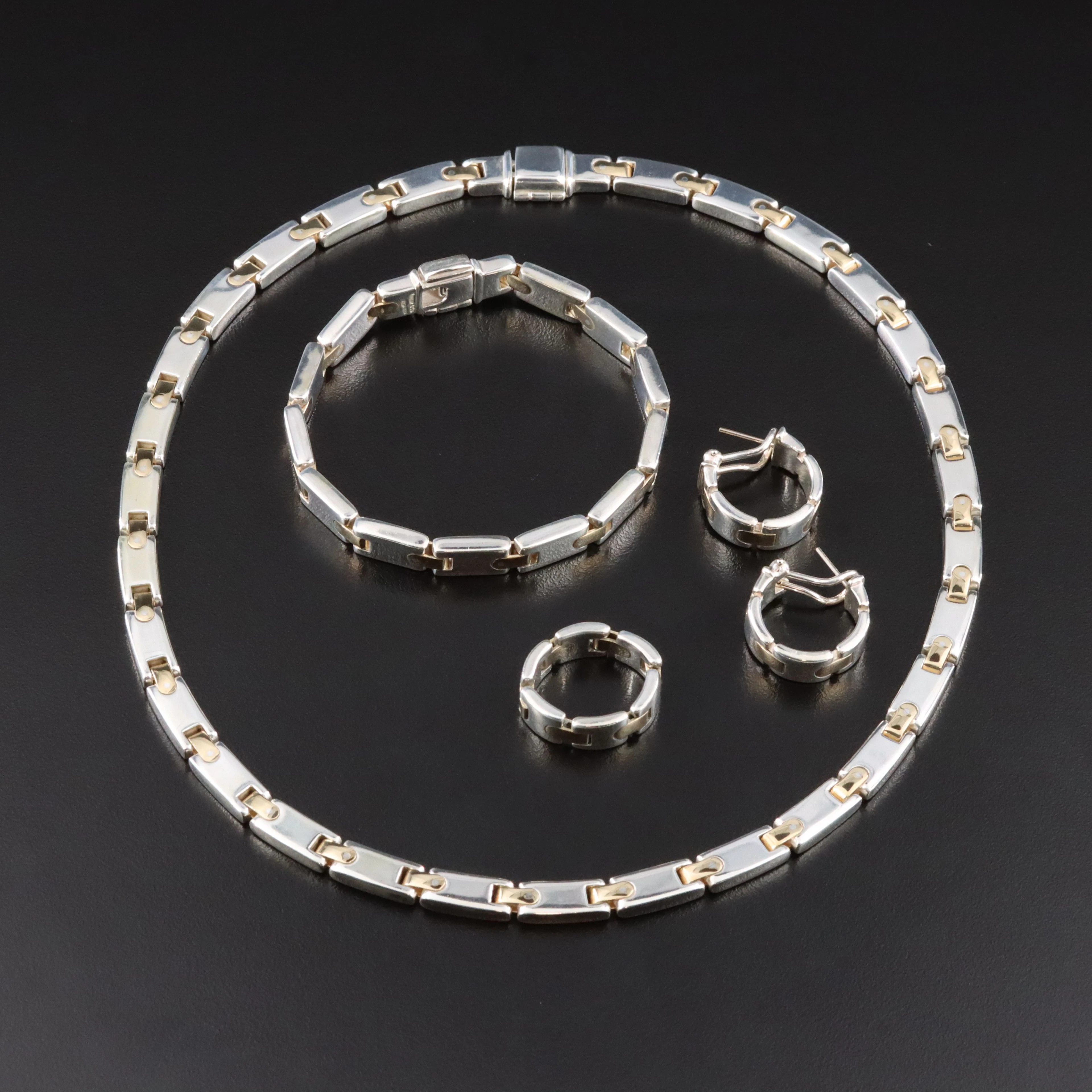 Tiffany & Co. Sterling and 18K Panel Link Necklace, Bracelet, Earrings