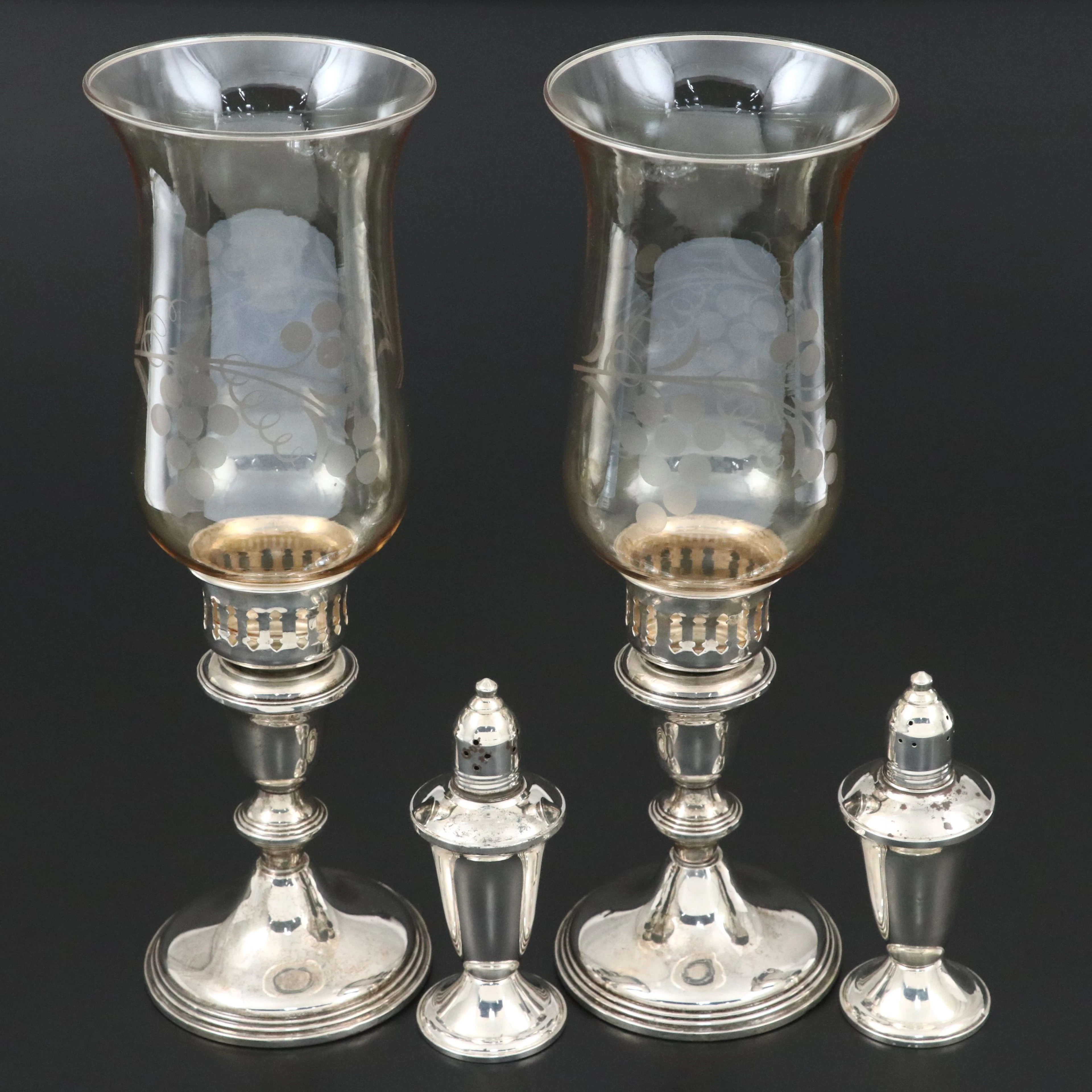 Empire Sterling Silver and Glass Weighted Candle Holders with Sterling Shakers