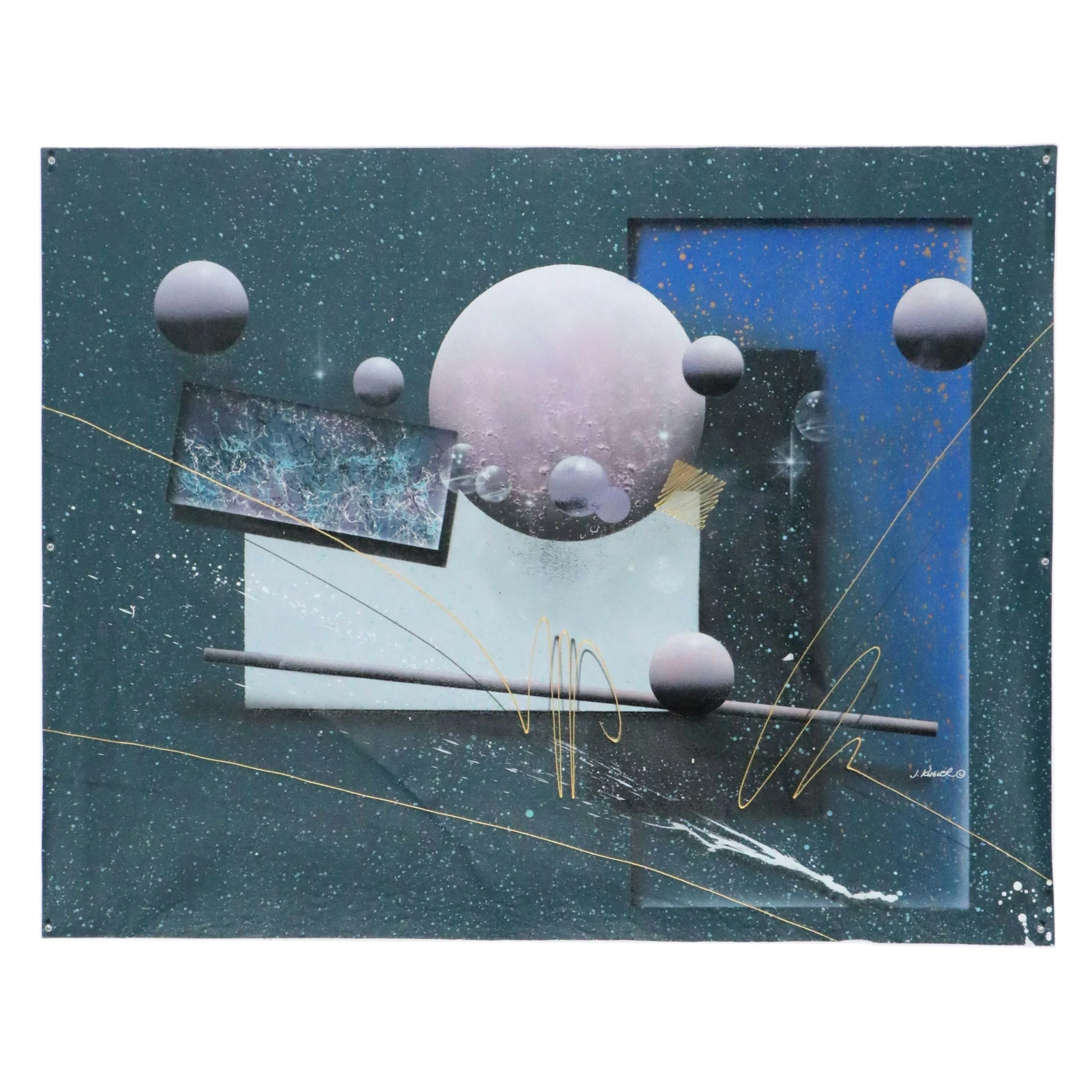 Josef Kugler Surreal Cosmic Landscape Mixed Media Painting, Late 20th Century
