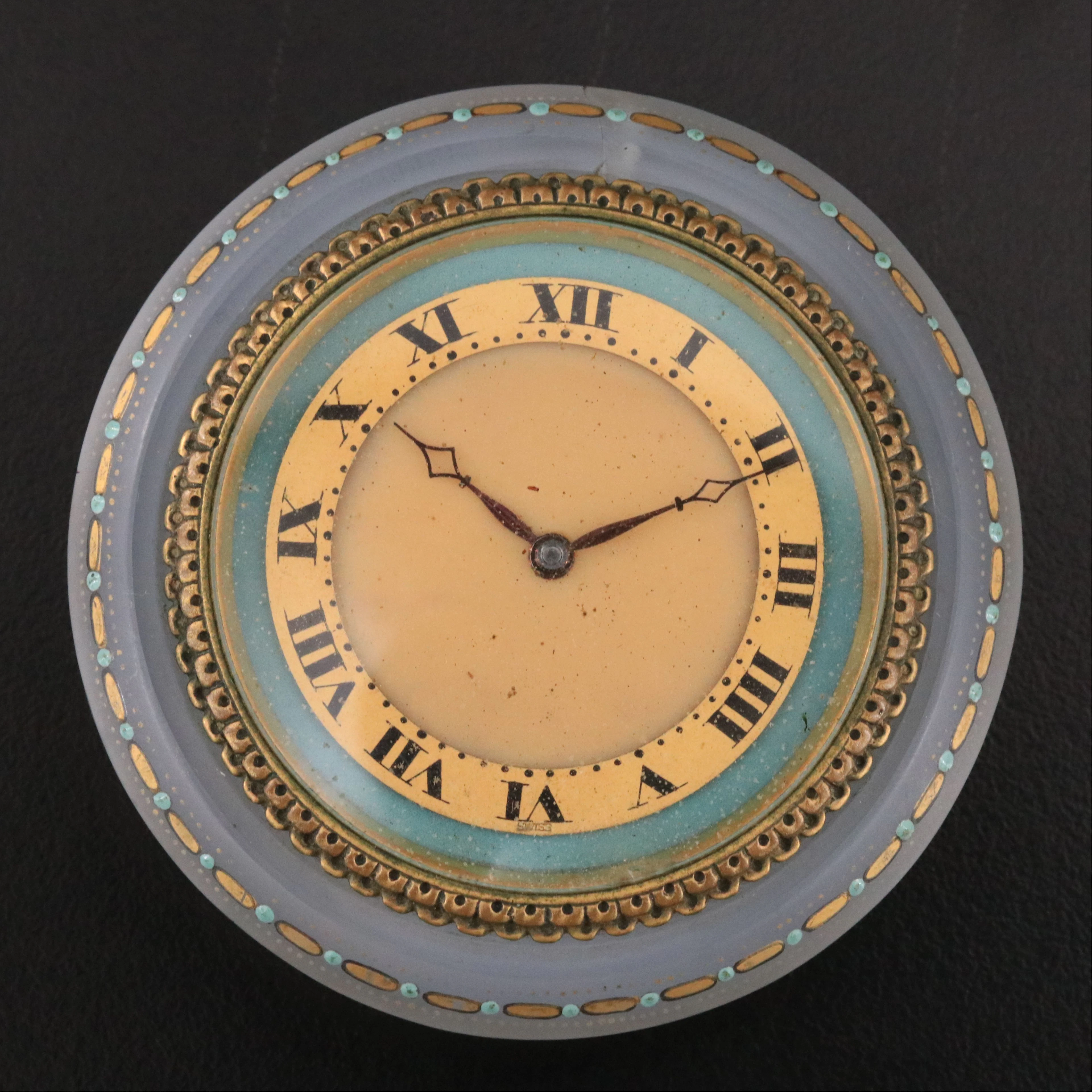 Vintage Painted Glass and Brass Footed Wind-Up Desk Clock