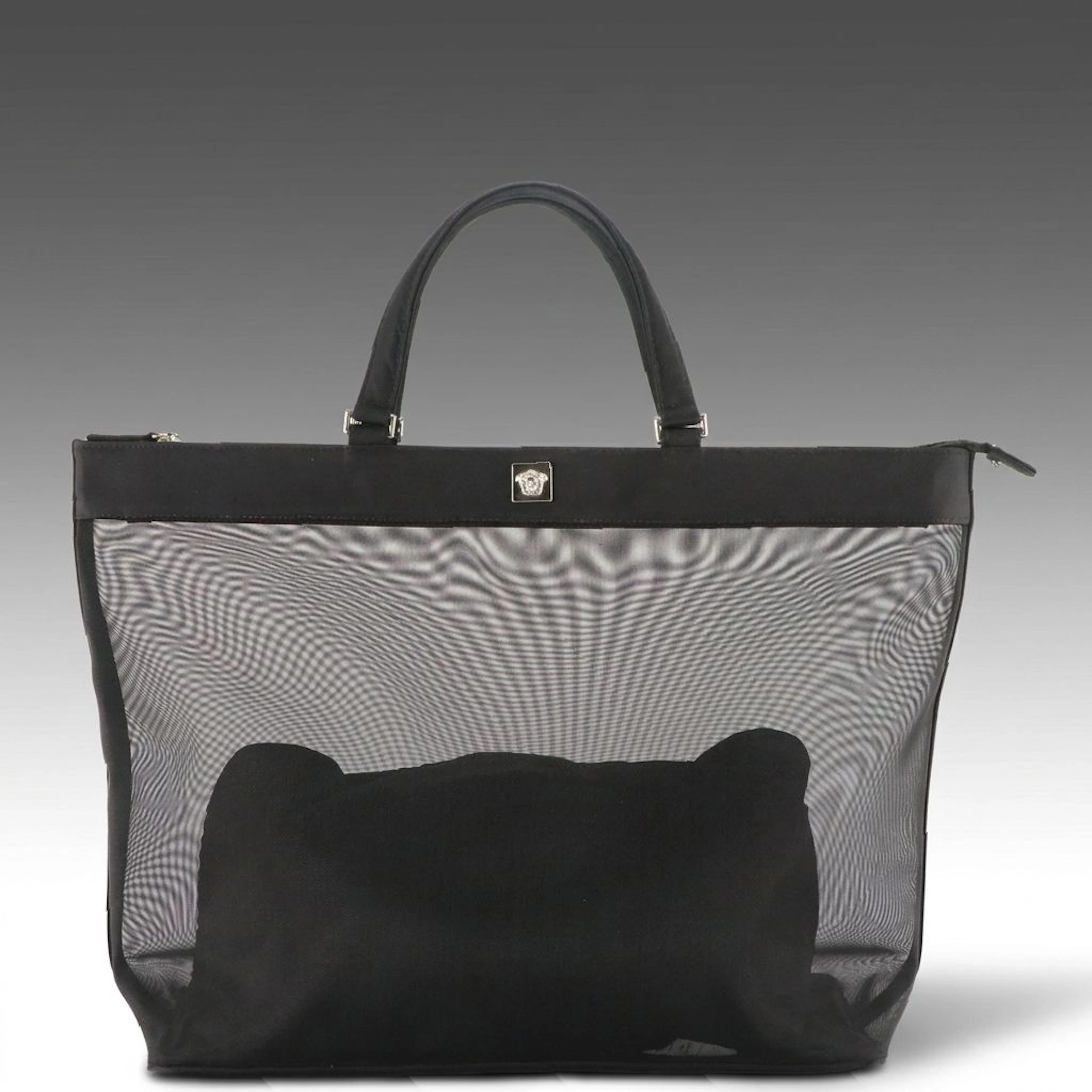 Gianni Versace Couture Black Mesh and Nylon Tote Bag with Medusa Head Medallion