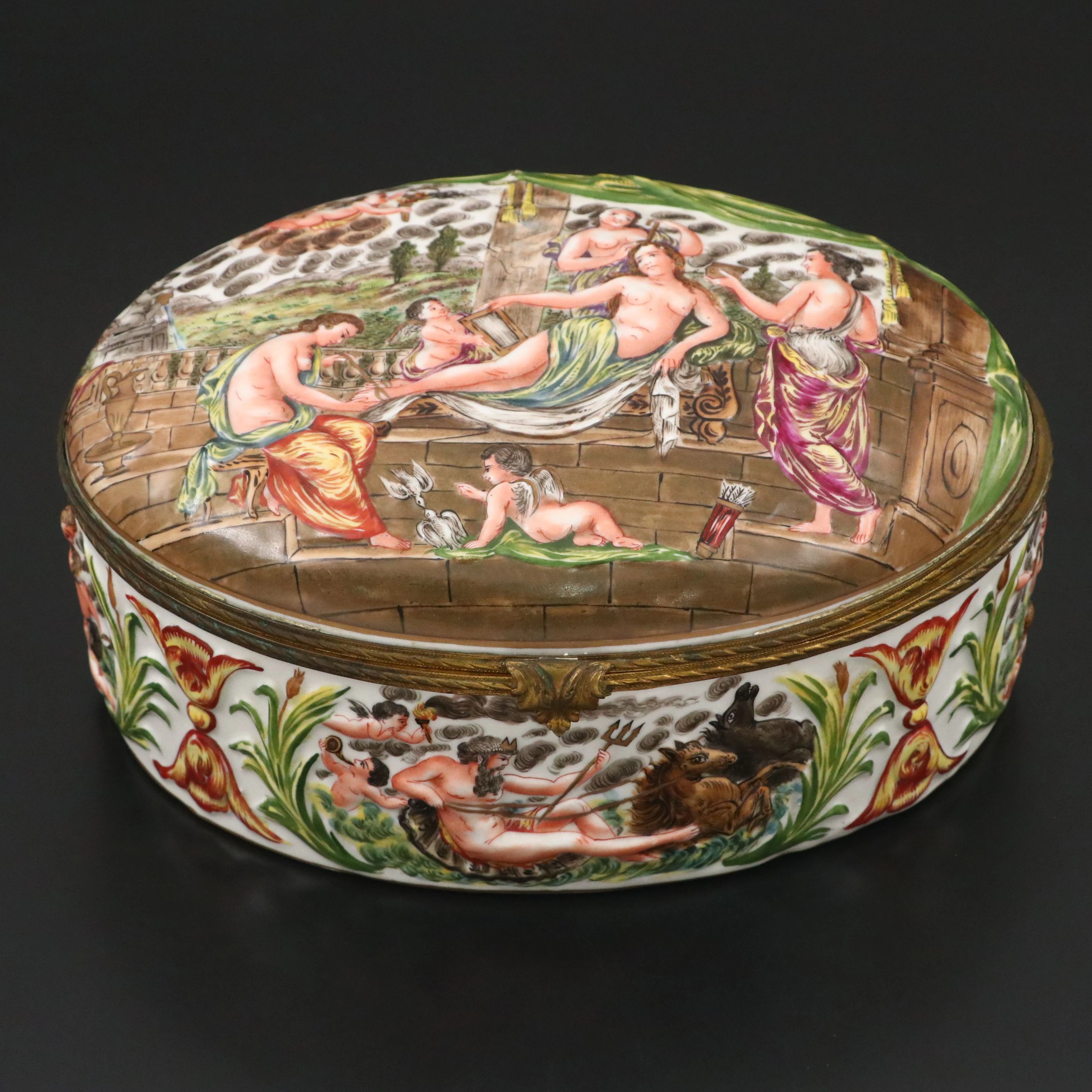 Antique Capodimonte Raised Relief Porcelain Hinged Dresser Box