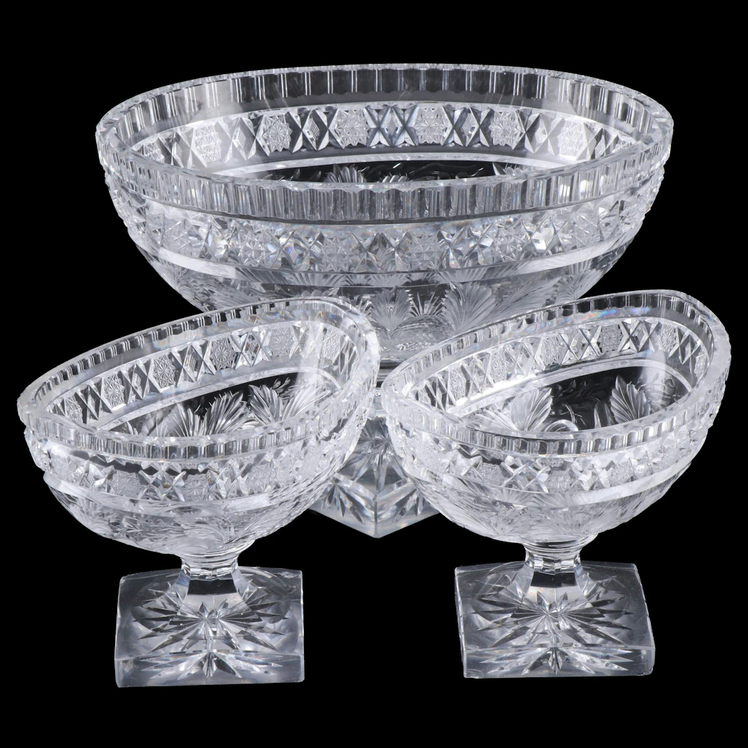 Anglo-Irish Style Cut Crystal Footed Centerpiece Bowl and Compotes, 20th C.
