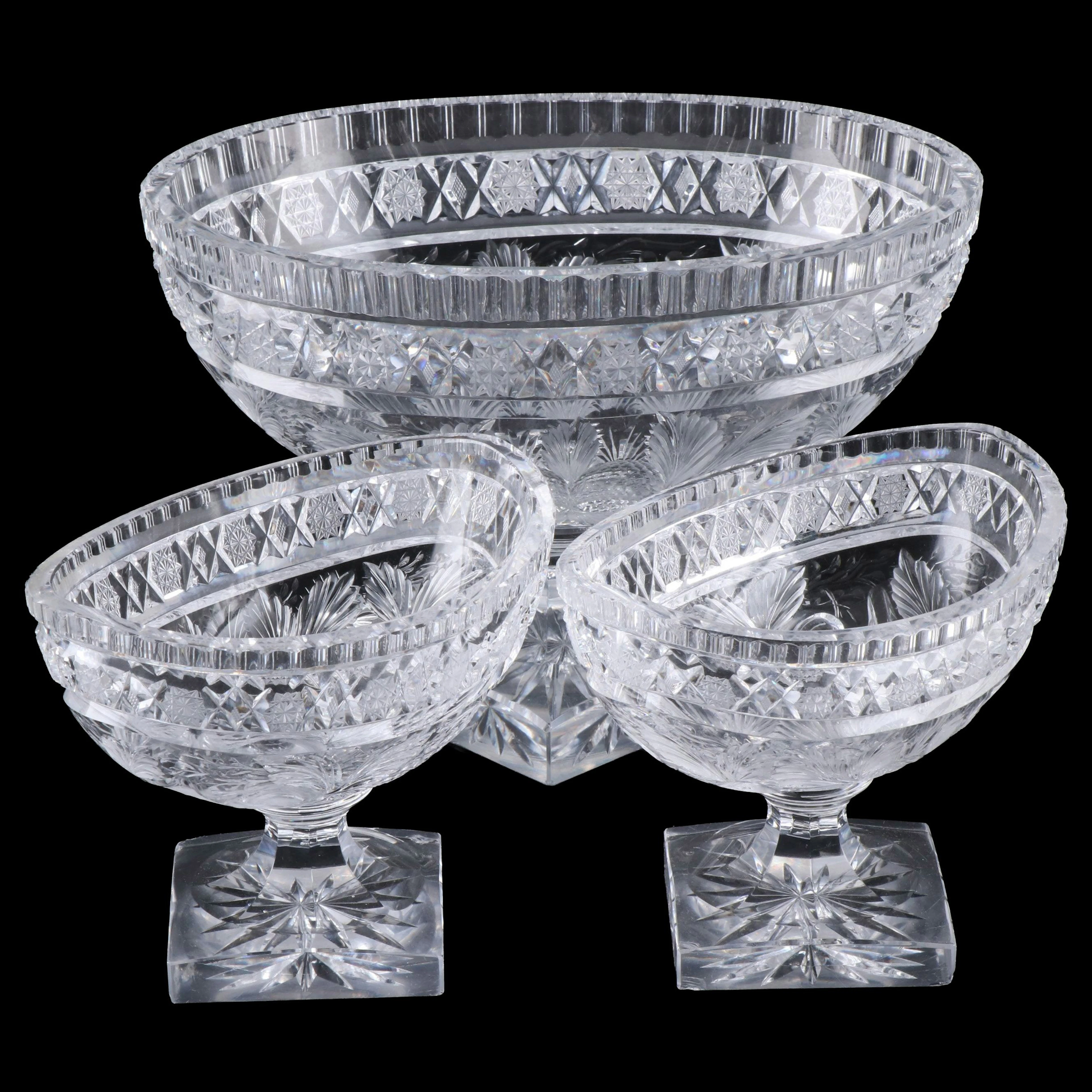 Anglo-Irish Style Cut Crystal Footed Centerpiece Bowl and Compotes, 20th C.