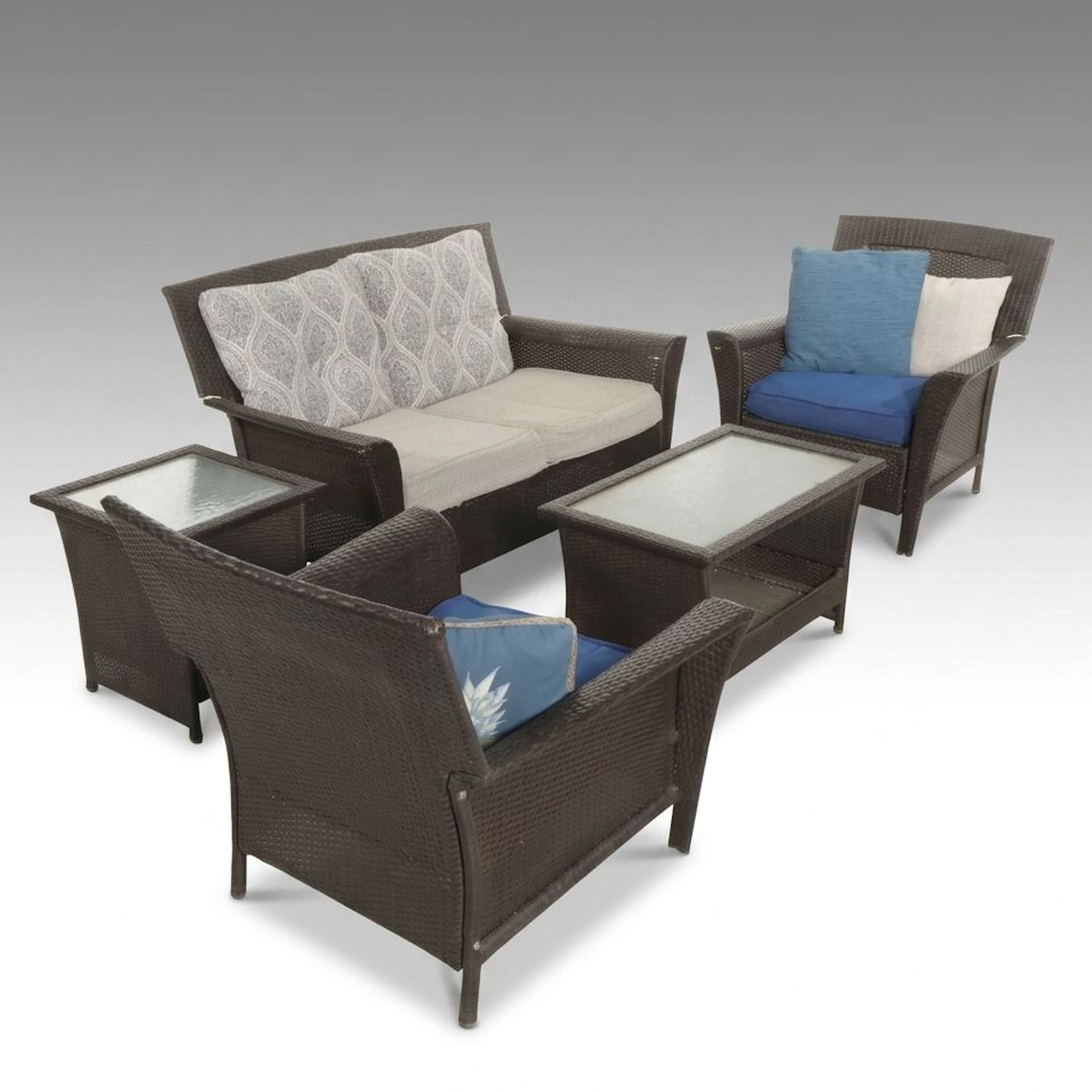 Faux Rattan Wicker Patio Furniture with Loveseat, Arm Chairs, and Two Tables