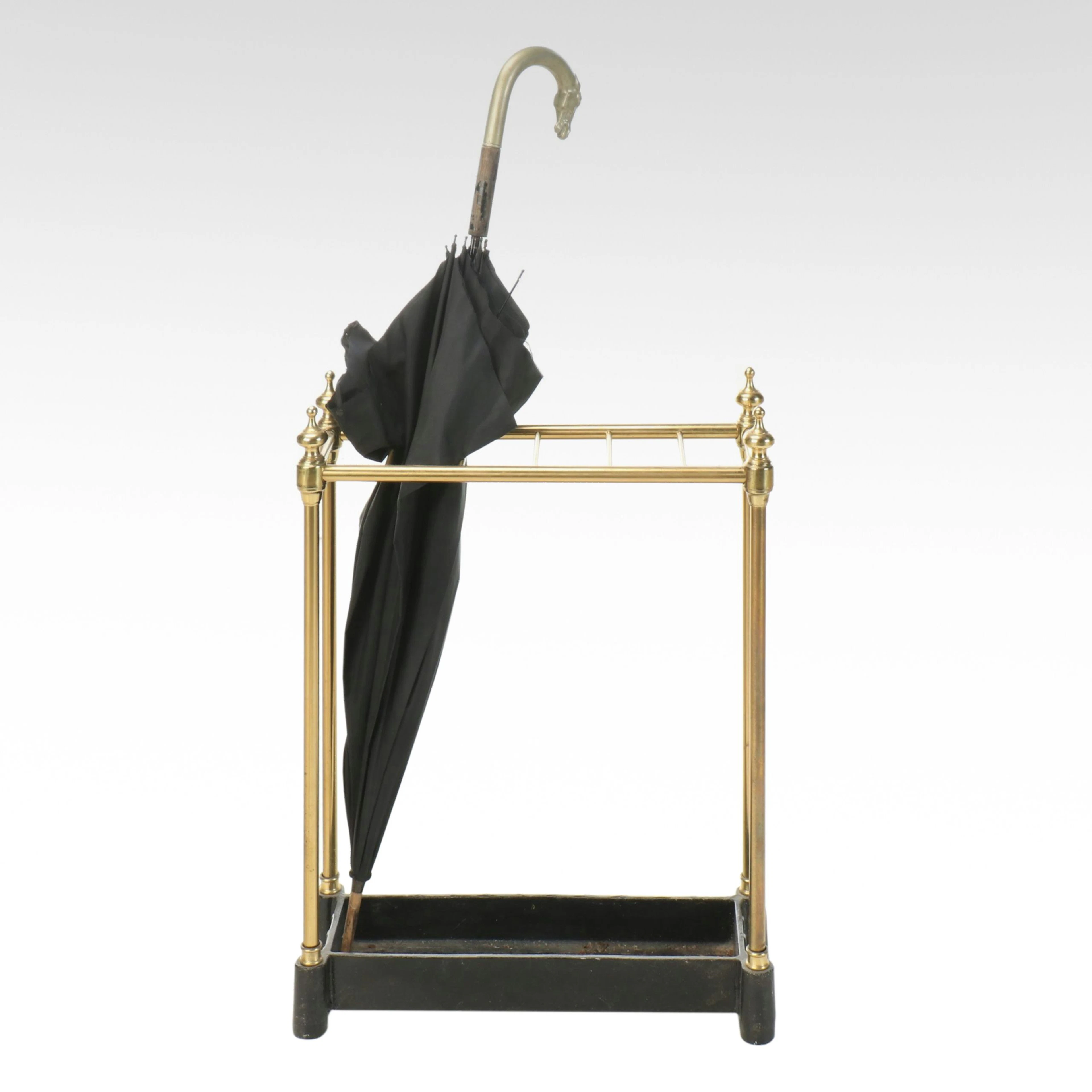 Brass and Cast Iron Umbrella Stand with Horse Head Handled Umbrella