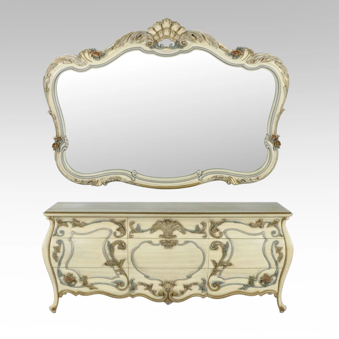 French Provincial Style Painted Dresser and Wall Mirror, Late 20th Century