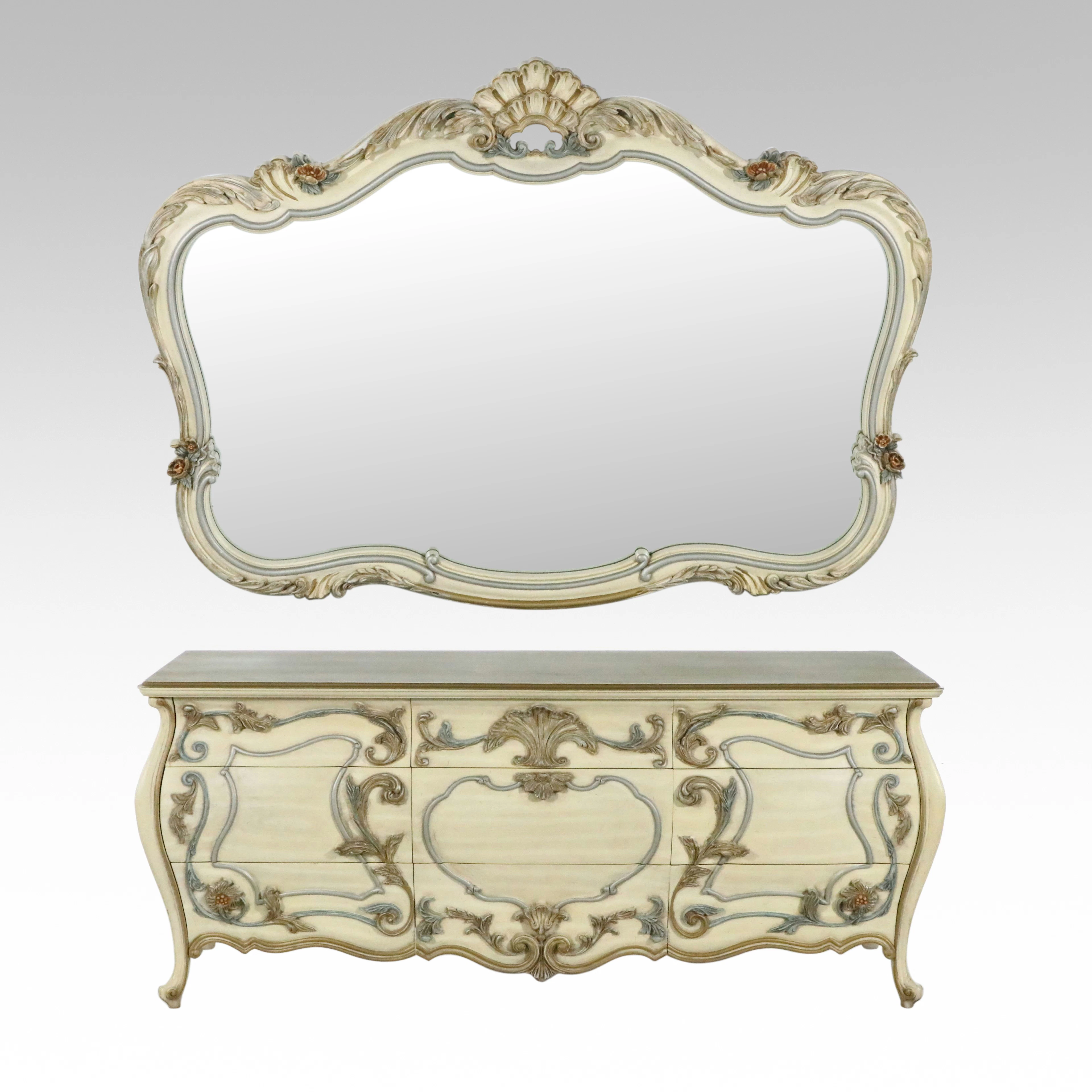 French Provincial Style Painted Dresser and Wall Mirror, Late 20th Century