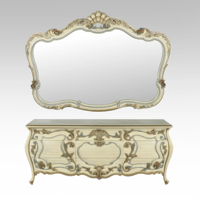 French Provincial Style Painted Dresser and Wall Mirror, Late 20th Century