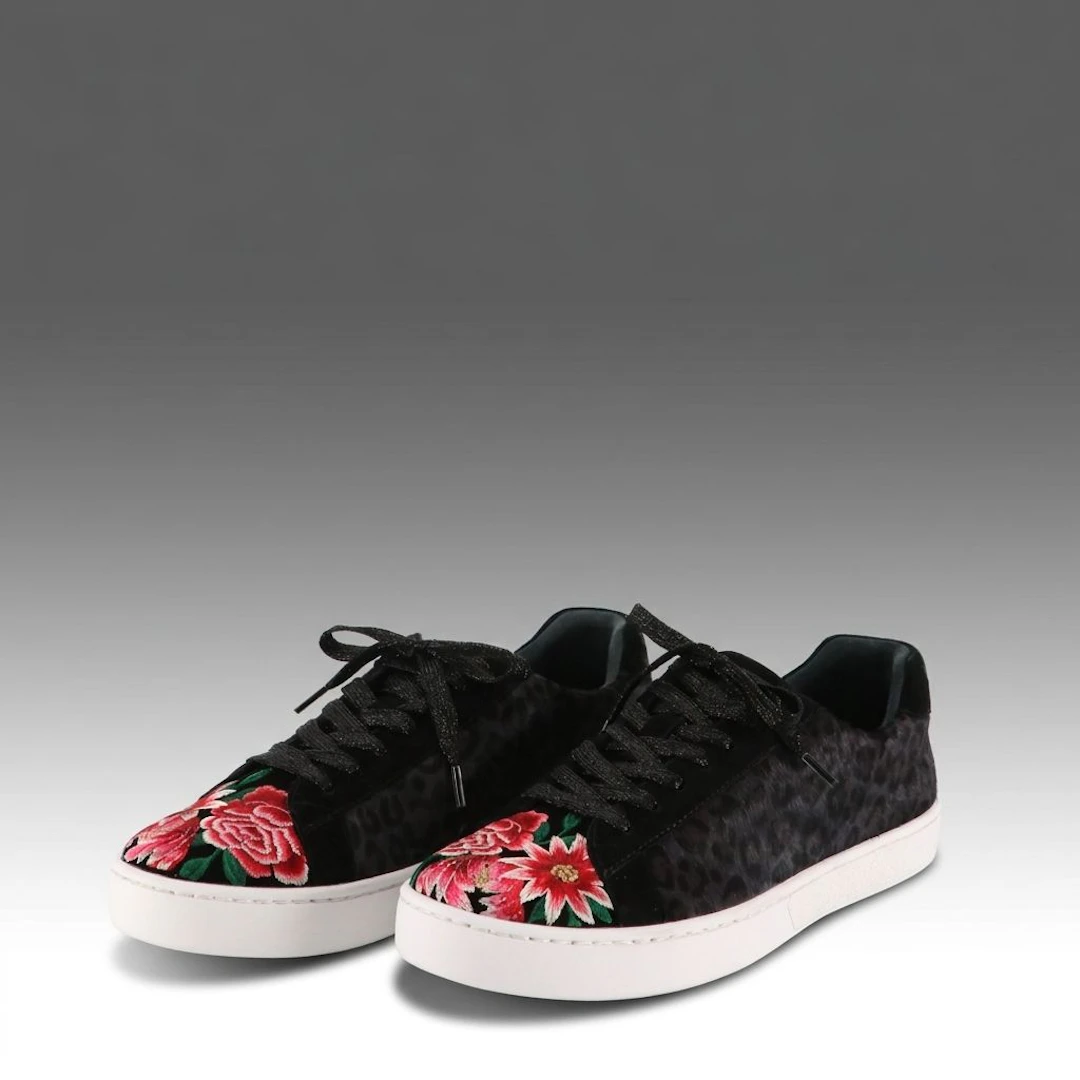 Johnny Was Sneakers in Leopard Print Calfhair with Floral Embroidery and Box