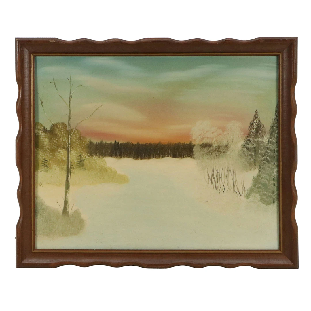 American Self-Taught Artist Oil Painting of Winter Landscape, c. 1960