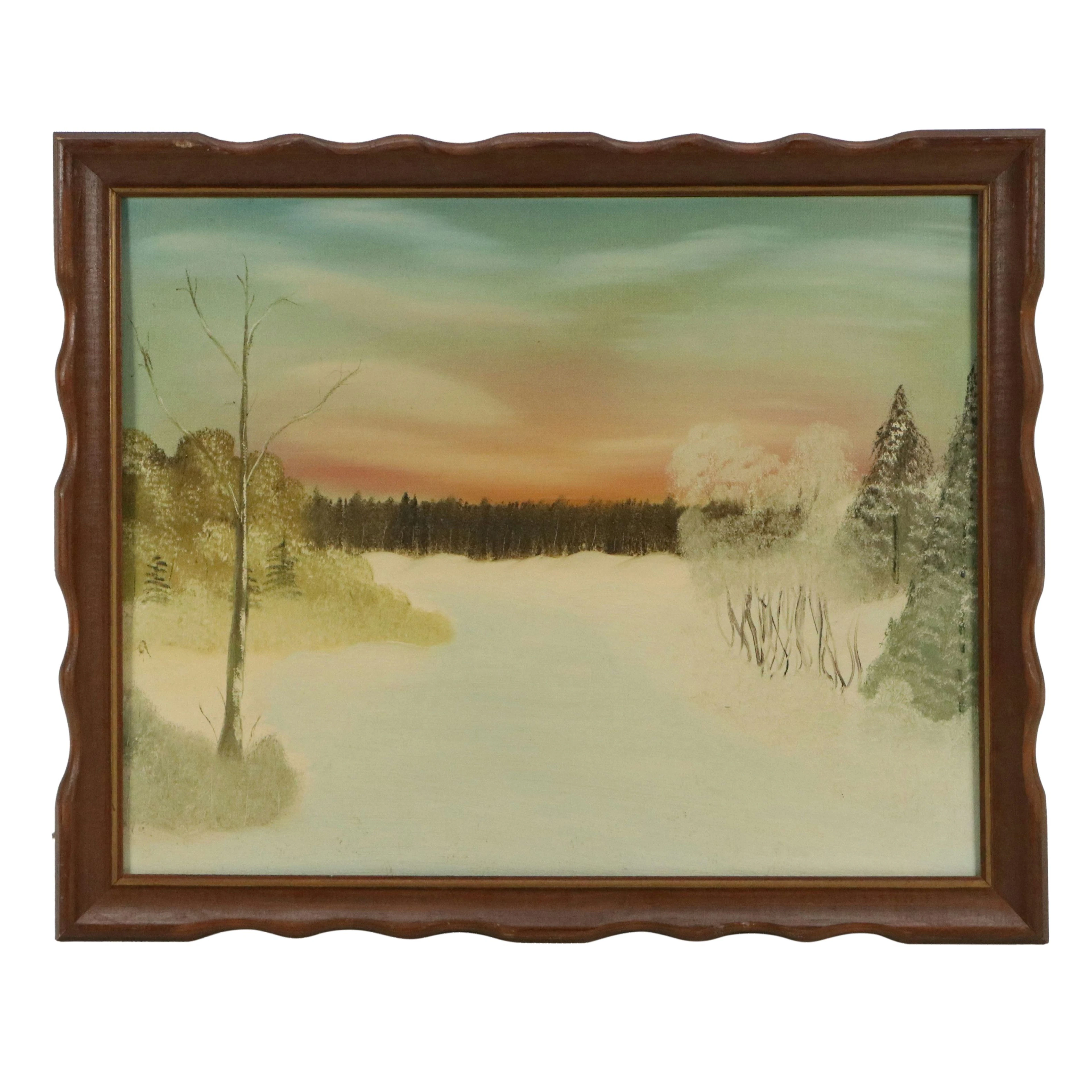 American Self-Taught Artist Oil Painting of Winter Landscape, c. 1960