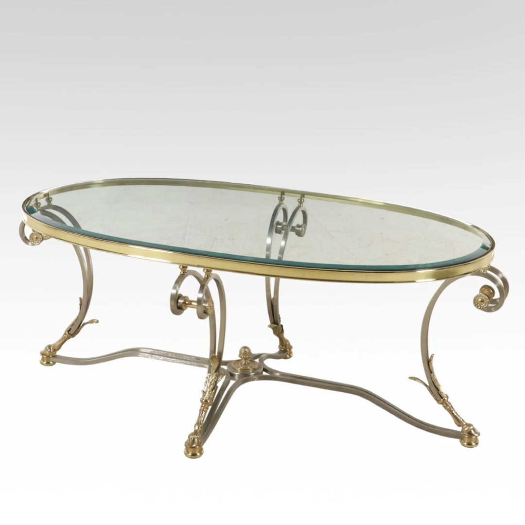 La Barge Hollywood Regency Style Brass and Steel Oval Cocktail Table
