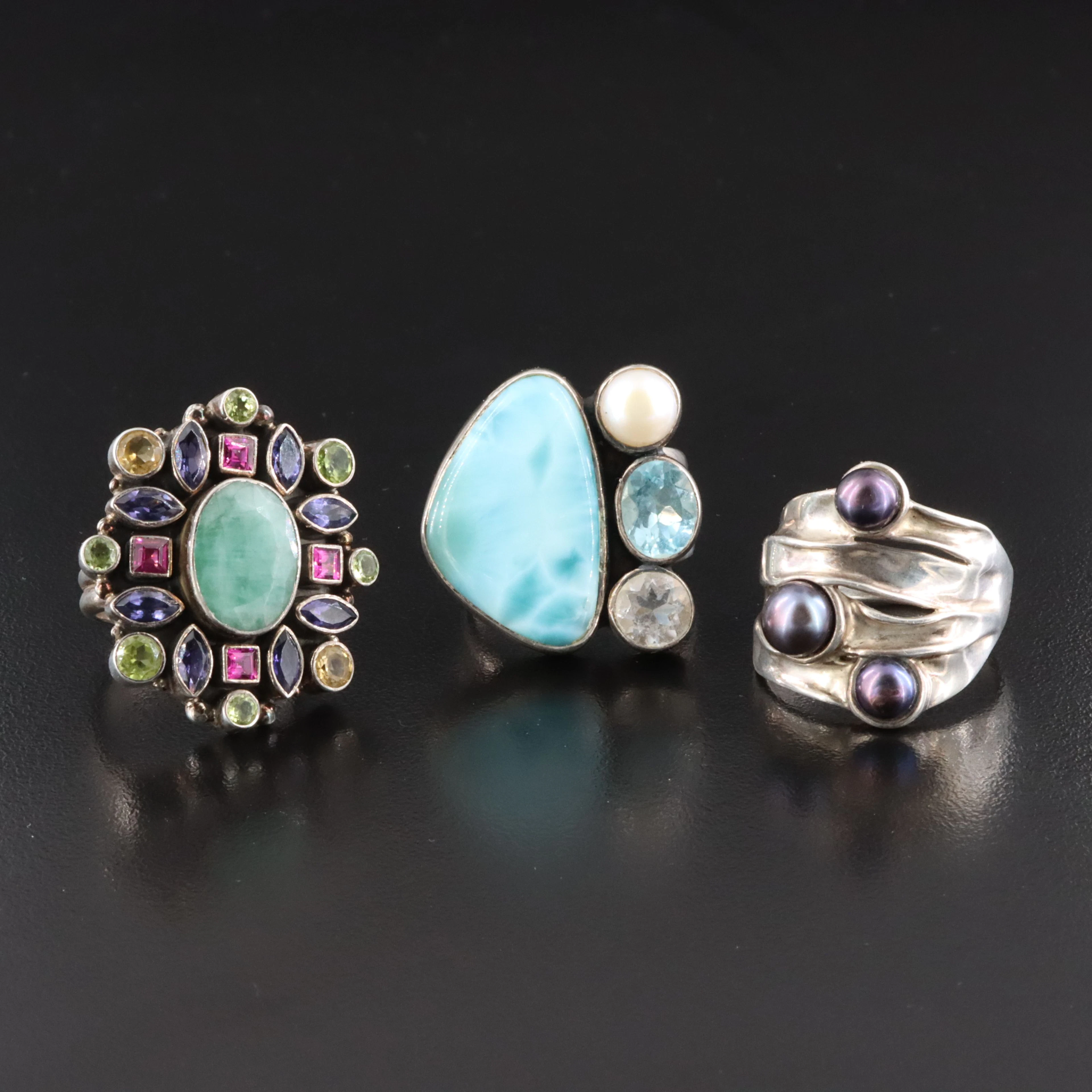 Sterling Gemstones Rings Including Larimar, Pearl & Topaz