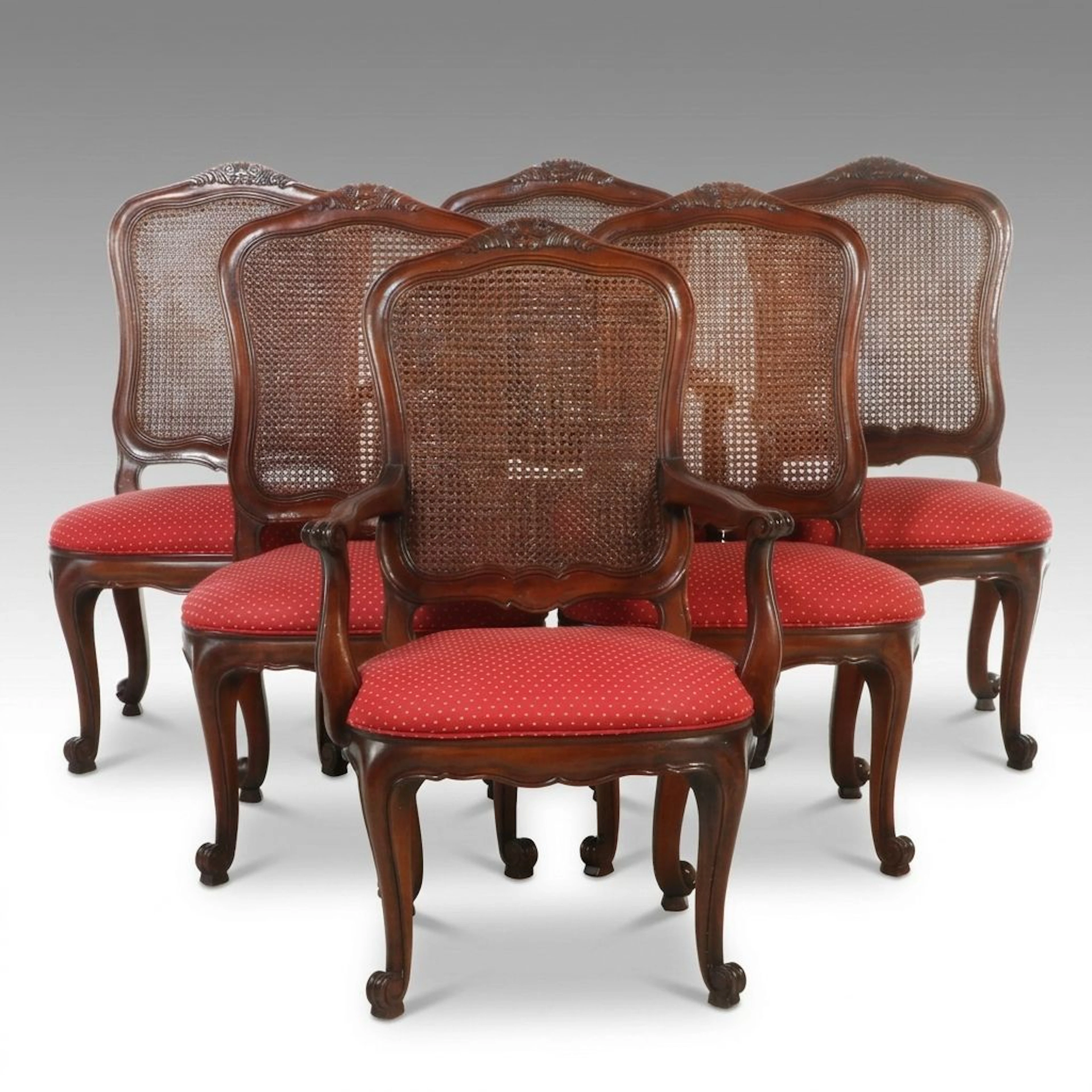 Set of Six Louis XV Style Upholstered and Caned Wood Dining Chairs