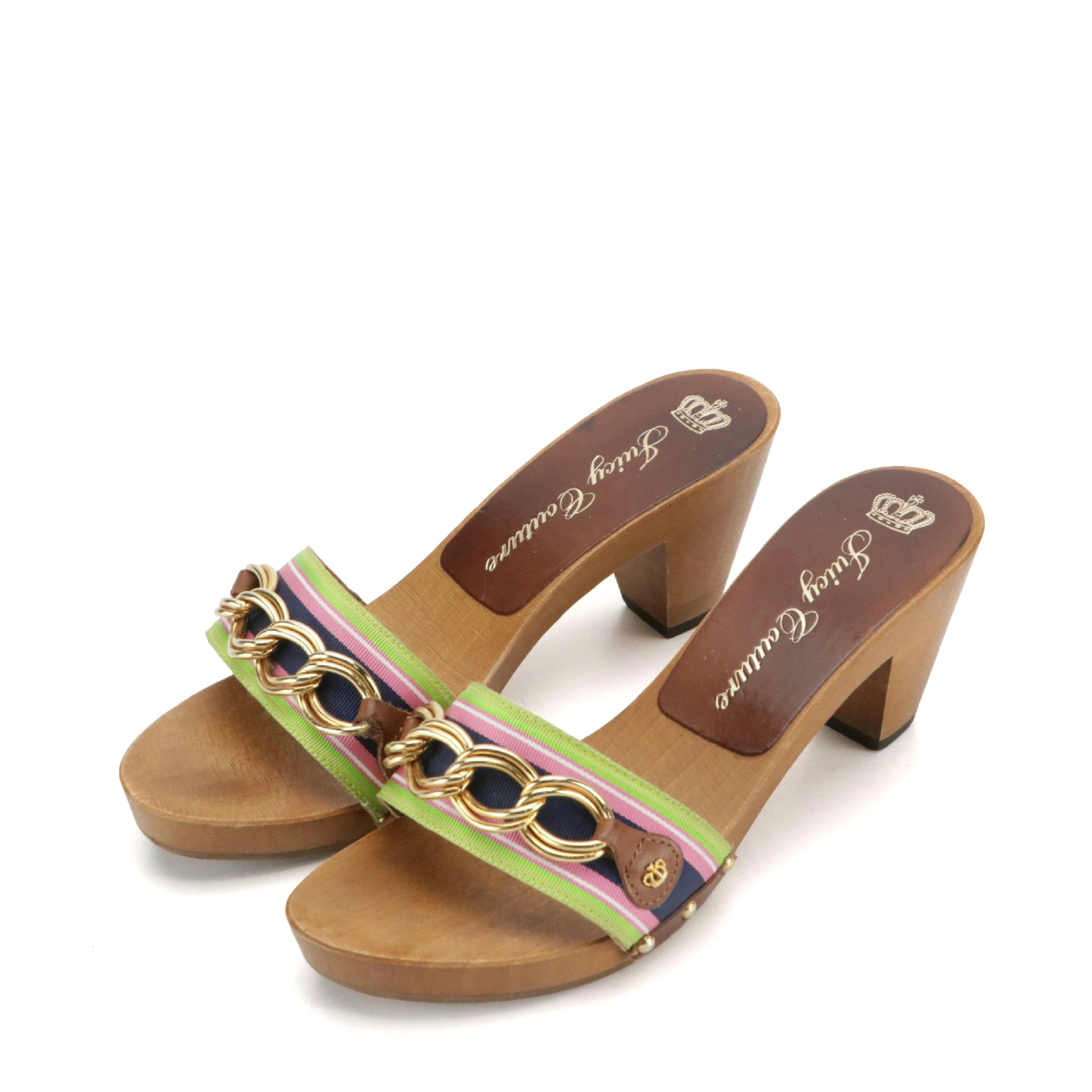 Juicy Couture Wooden Mule Sandals in Pink/Green Ribbon, With Box