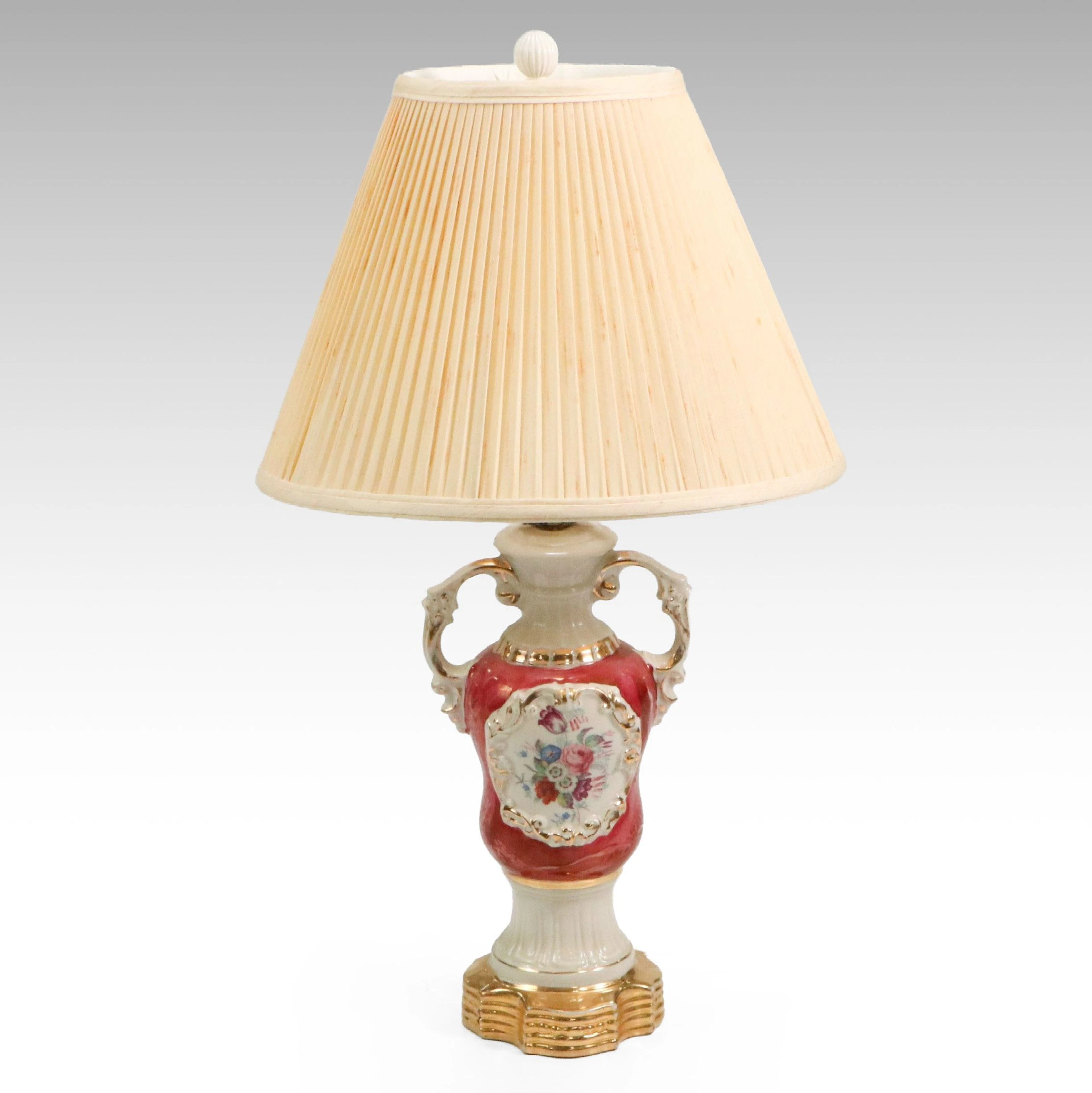 Victorian Style Lusterware Ceramic Urn Table Lamp with Pleated Shade
