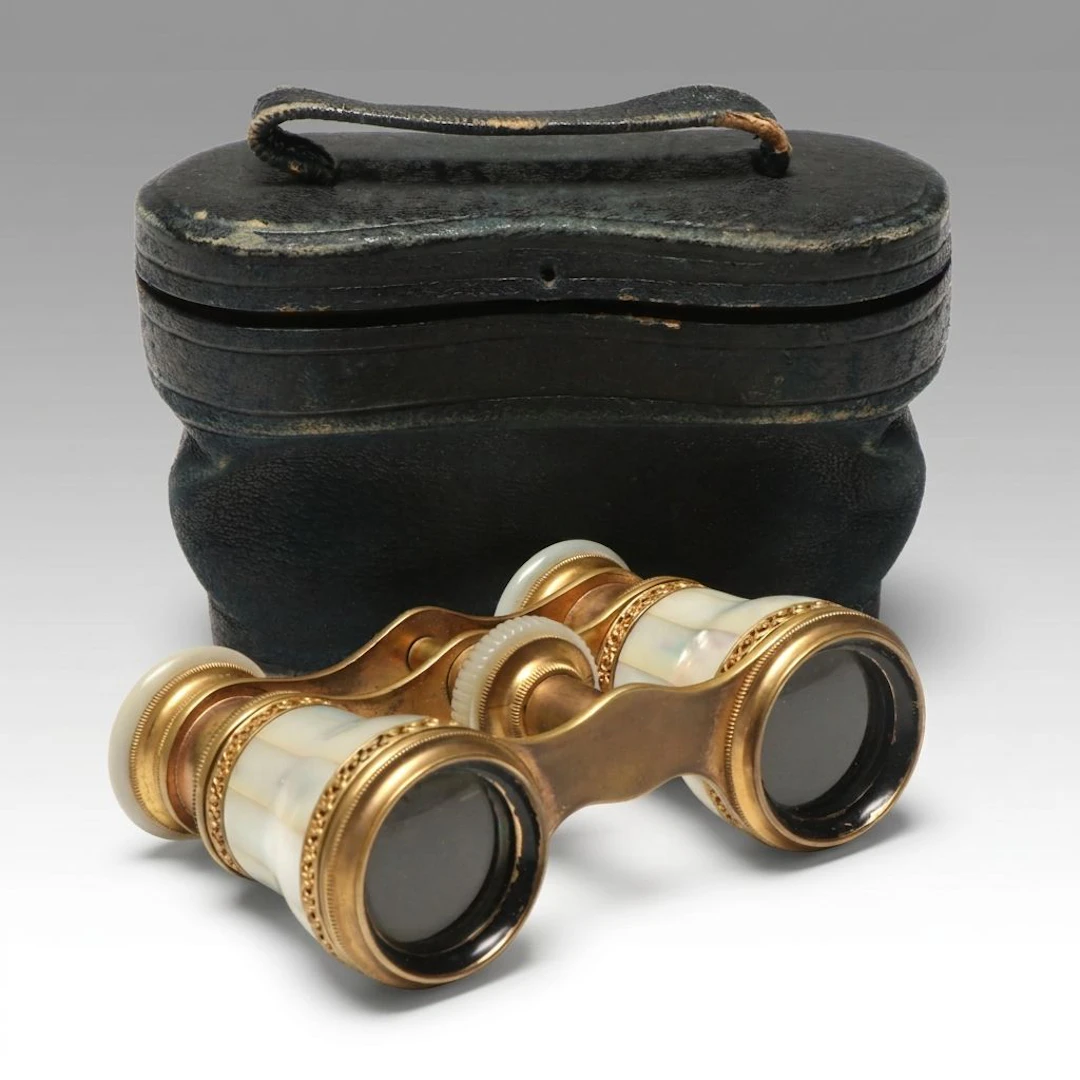 Mother-of-Pearl and Brass Opera Glasses with Leather Case