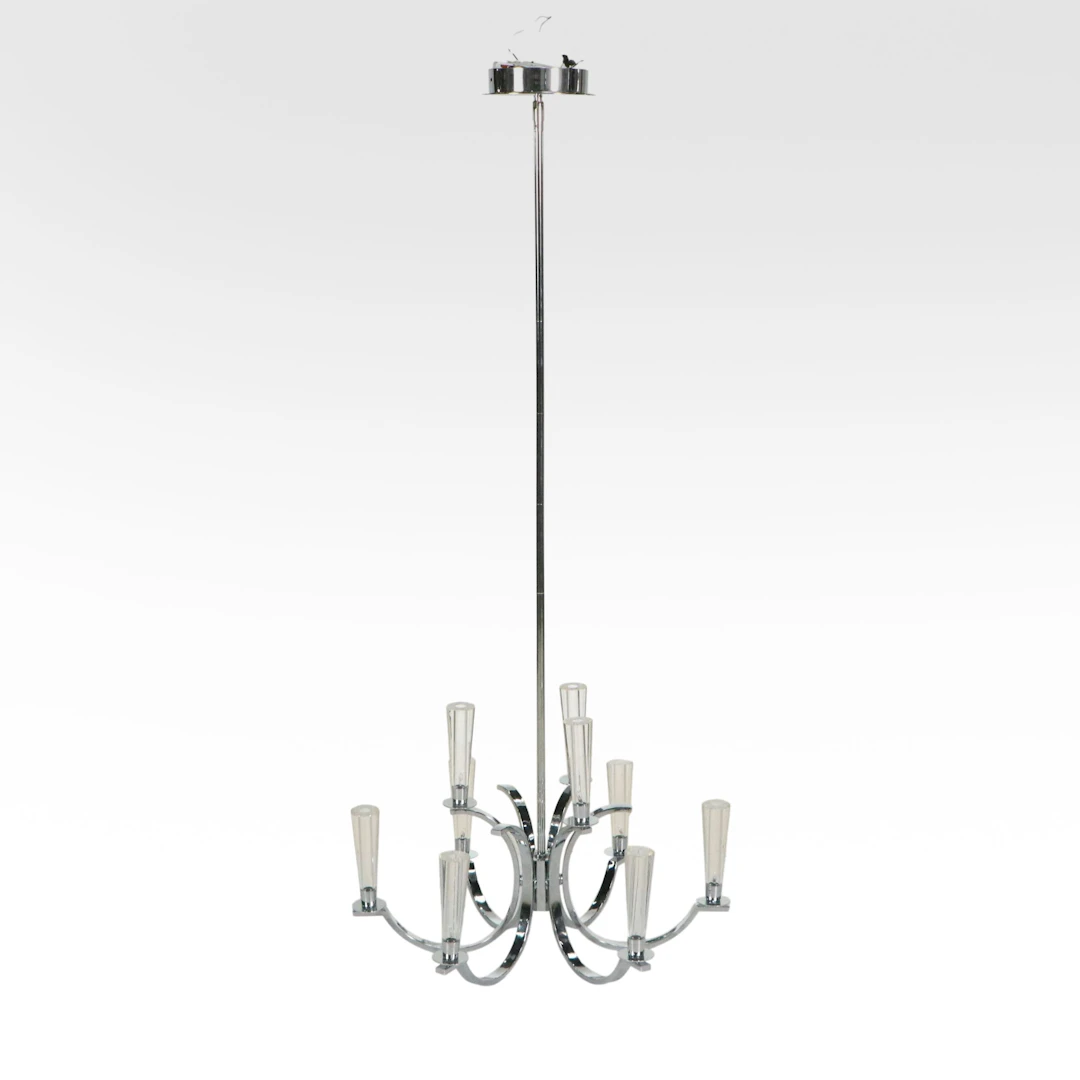 Modern Minimalist Chrome and Glass Nine-Arm Chandelier