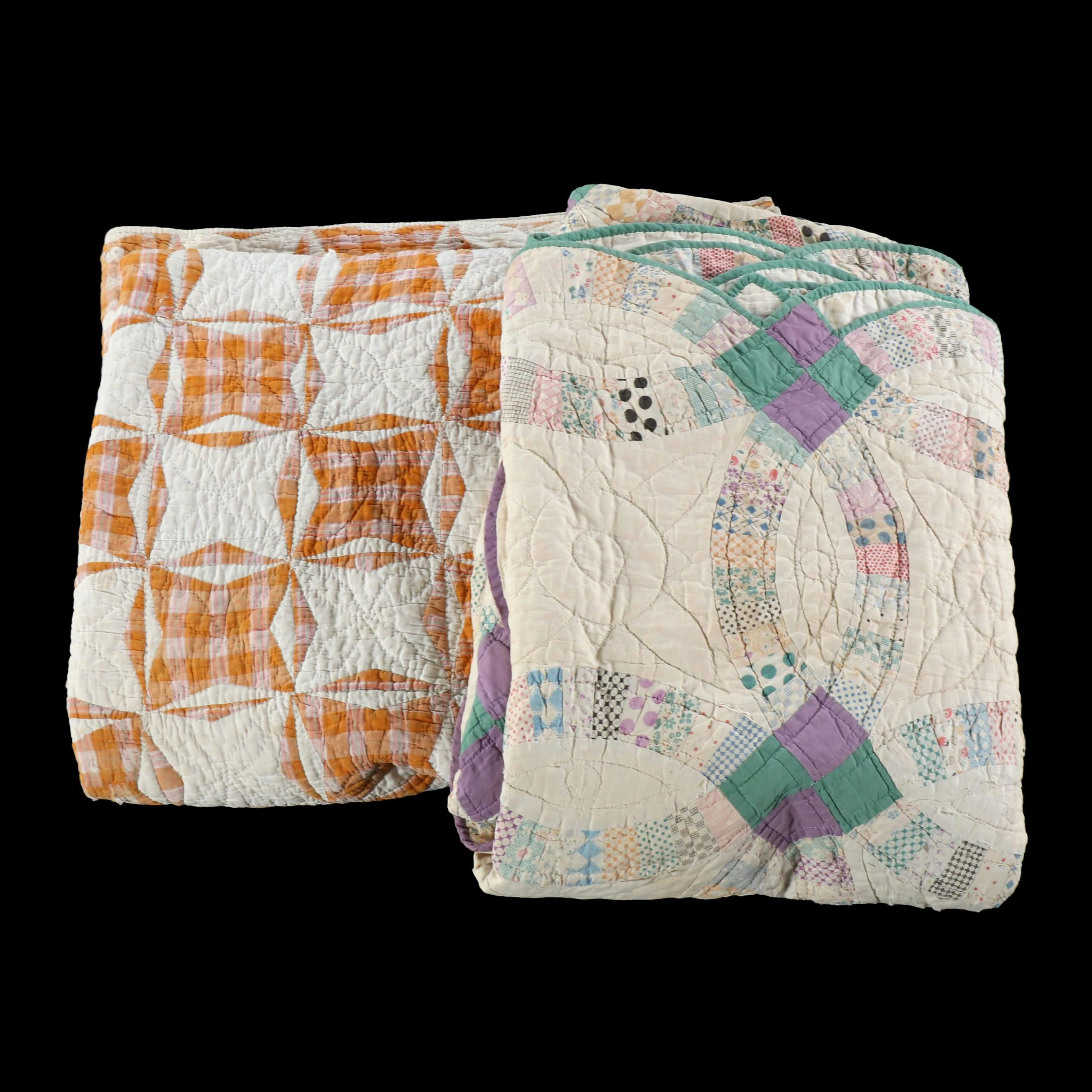 Hand-Pieced Scrappy "Double Wedding Ring" and Other Vintage Quilt