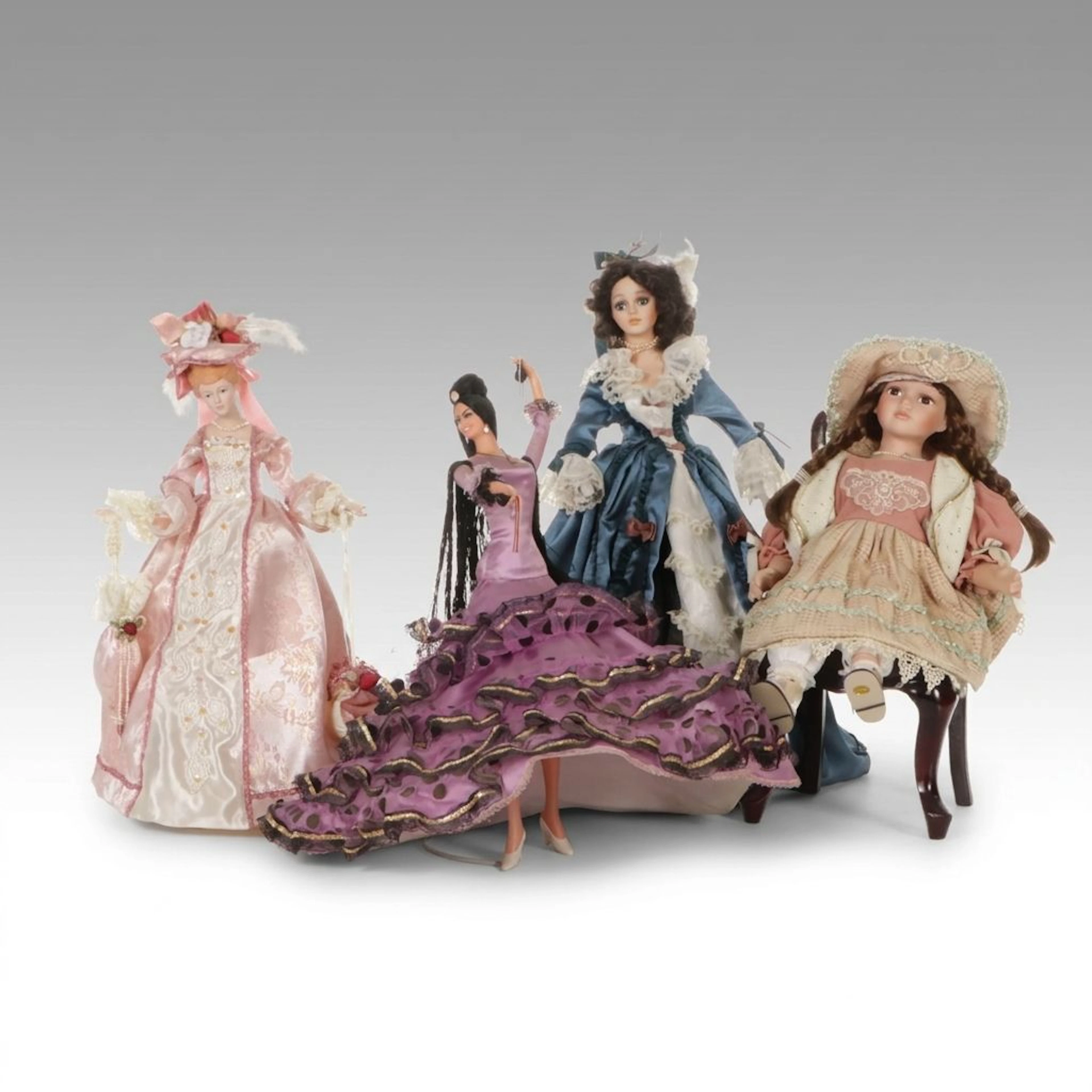 Three Porcelain Dolls with Flamenco Dancer Doll