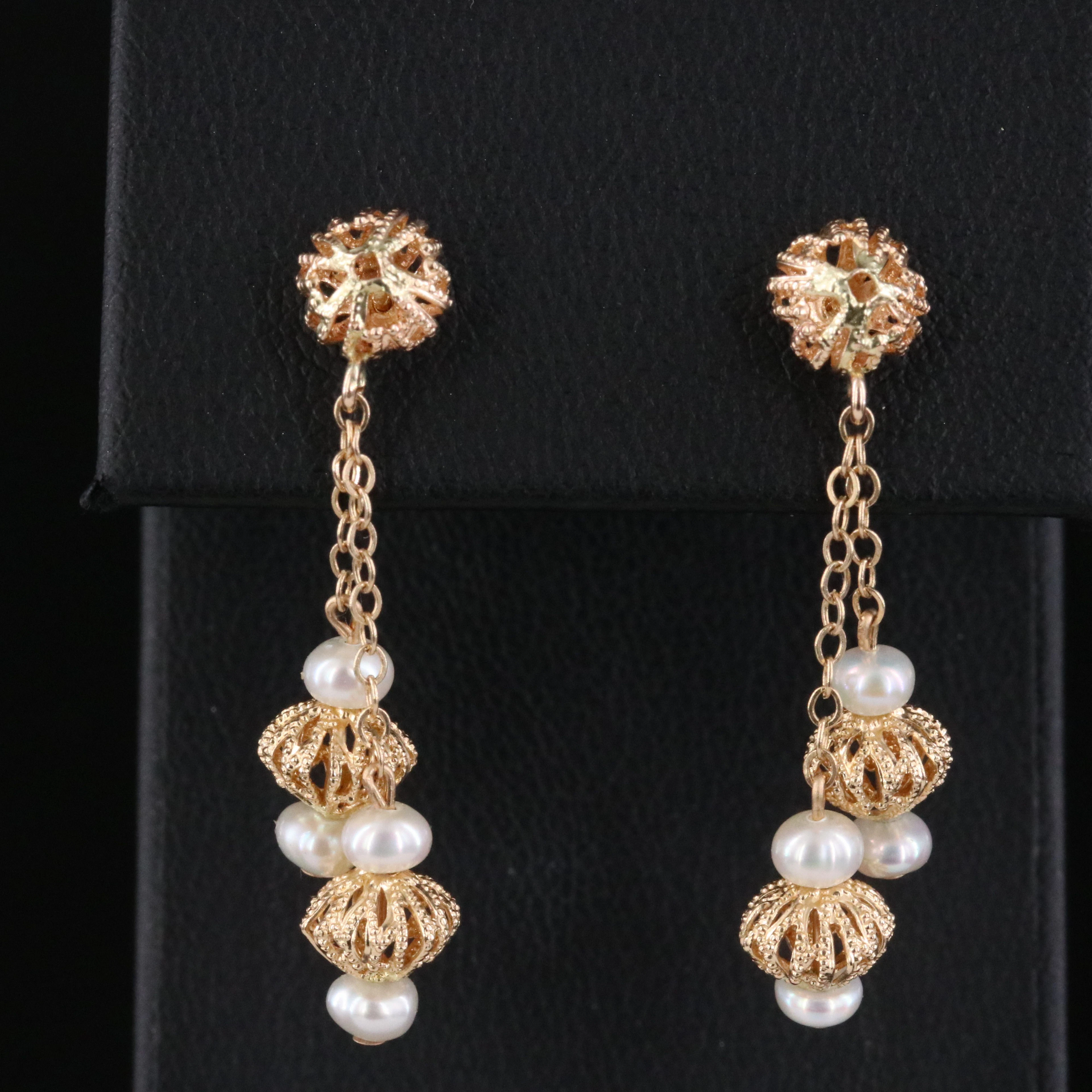 14K Pearl and Filigree Drop Earrings