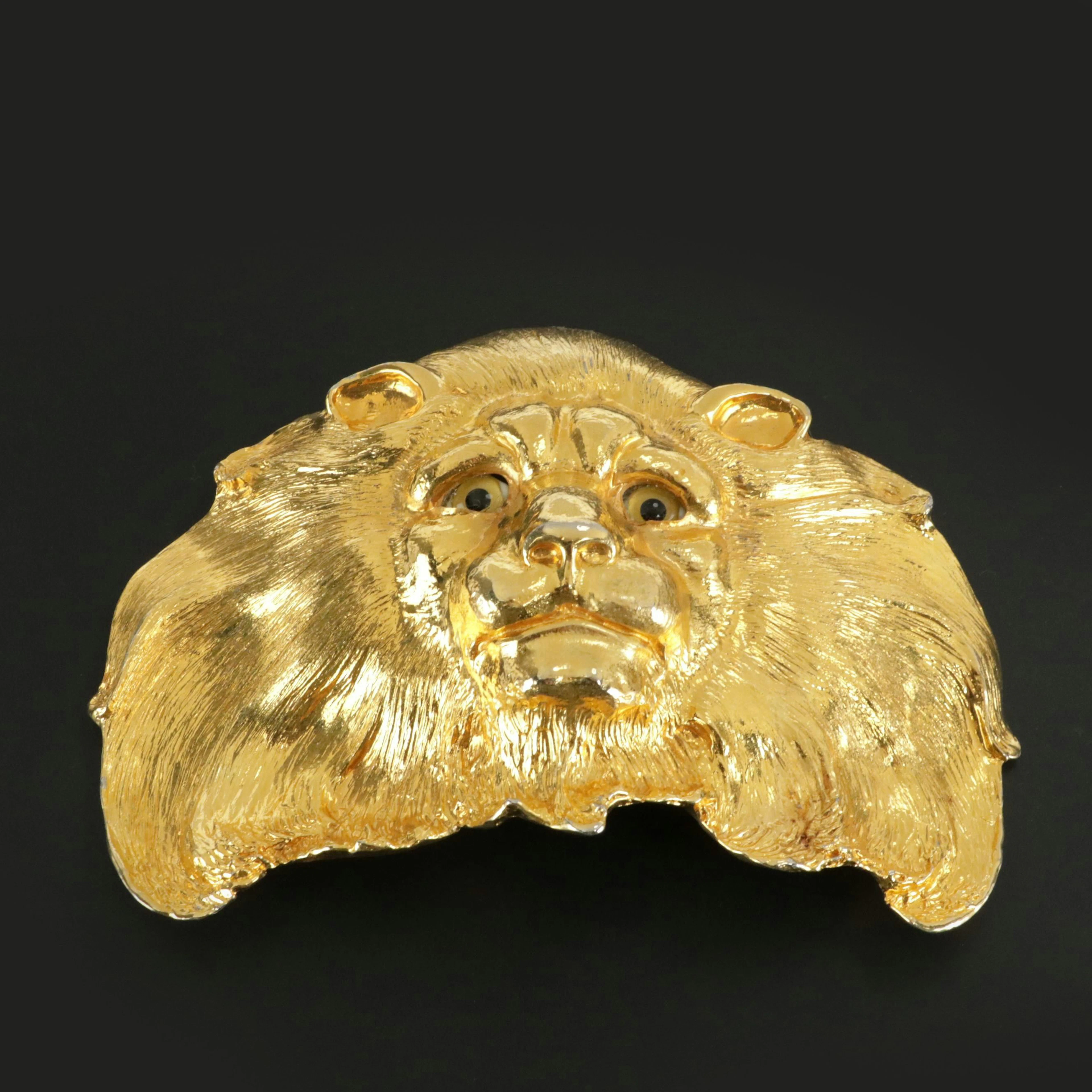 Christopher Ross Gold Plate Lion Head Sculptural Belt Buckle, 1980s