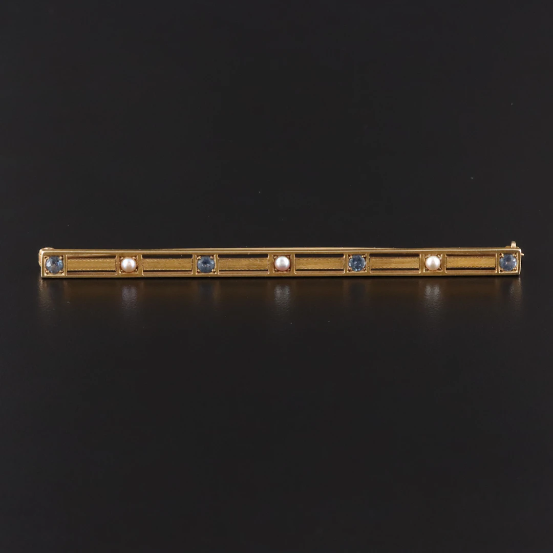 Antique Bippart & Co. 14K Bar Brooch, Early 1900s Sapphire and Pearl