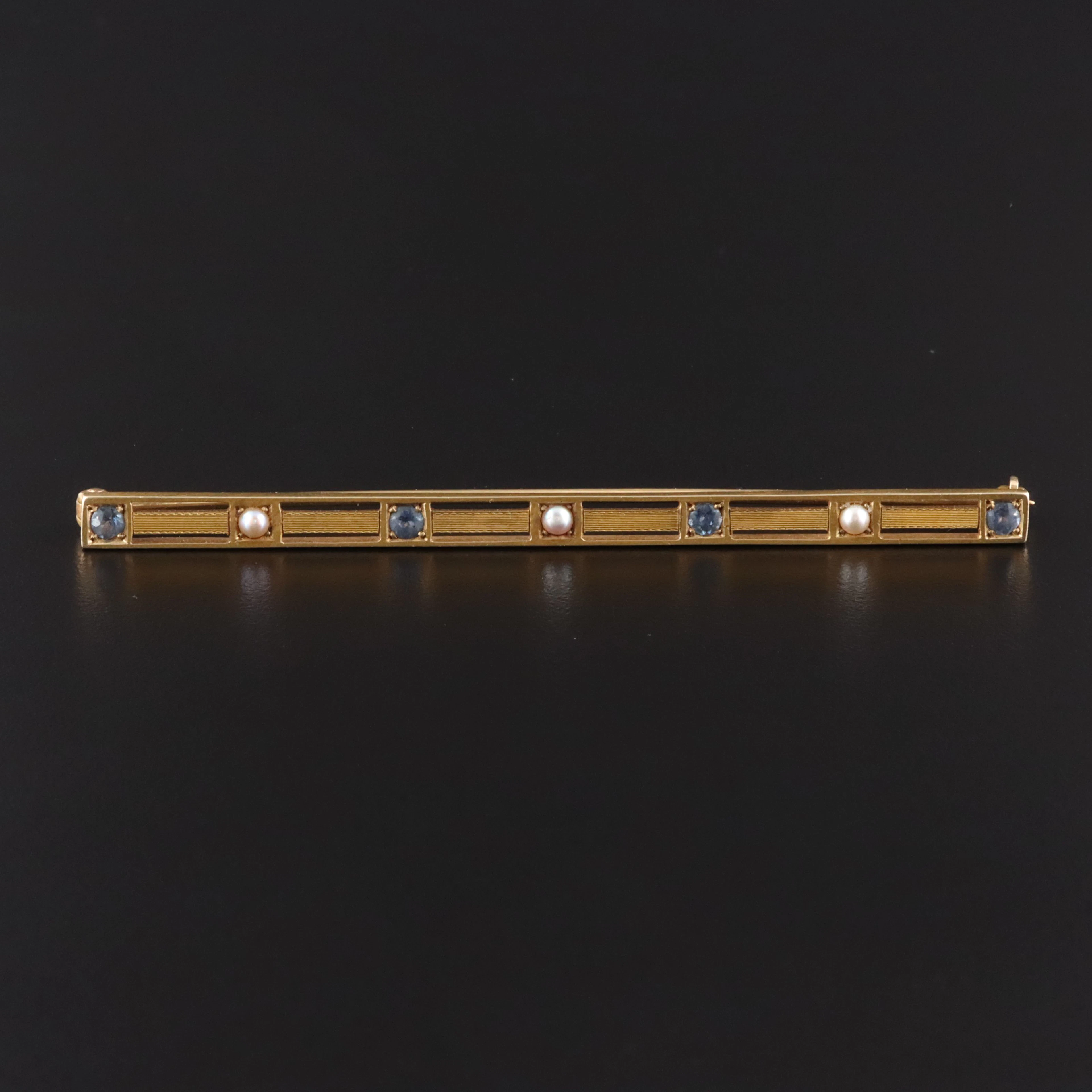 Antique Bippart & Co. 14K Bar Brooch, Early 1900s Sapphire and Pearl