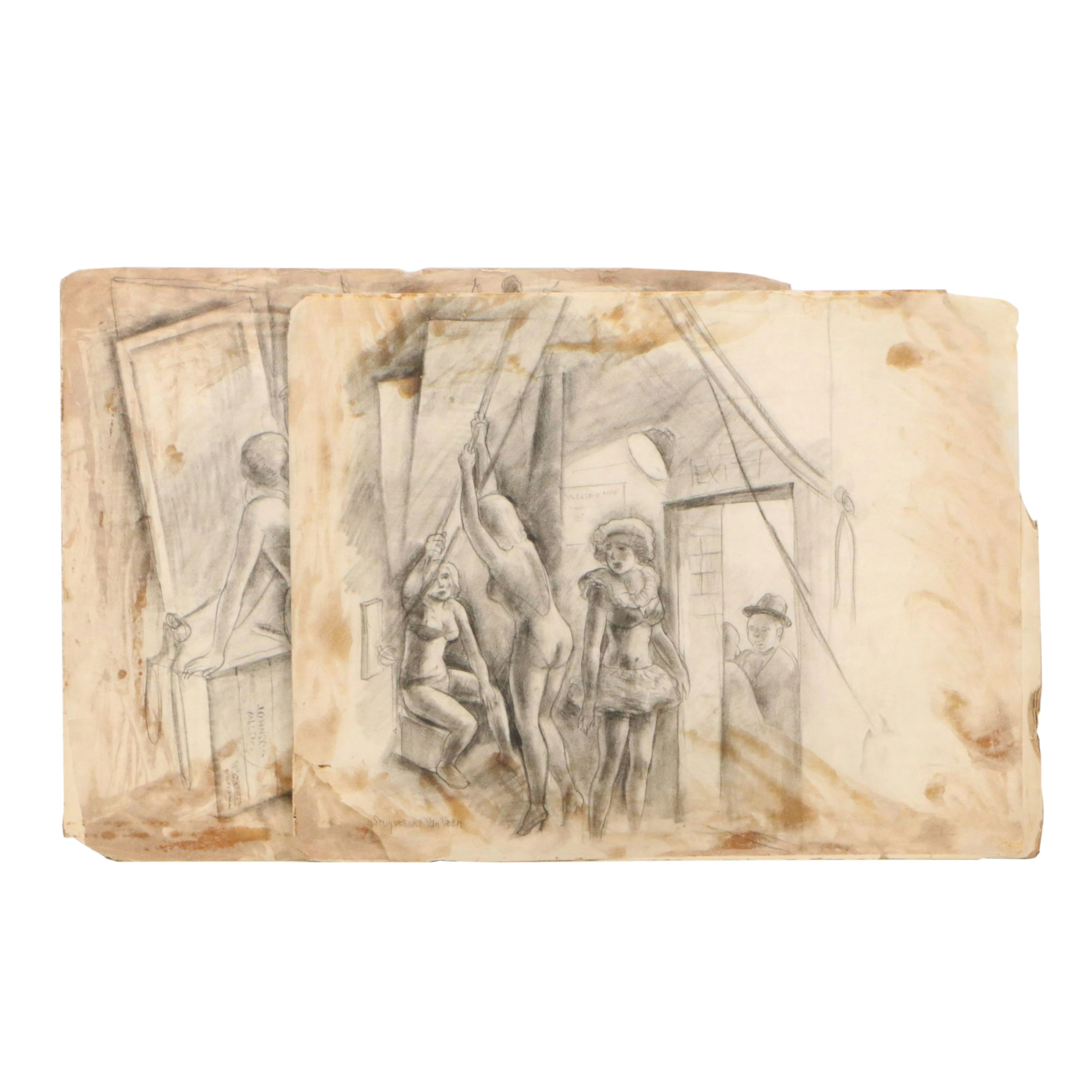 Stuyvesant Van Veen Graphite Drawings of Burlesque Scenes, 20th Century