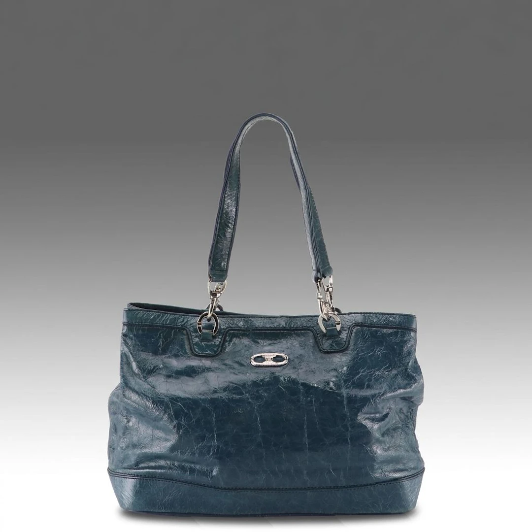 Celine Shoulder Tote in Teal Crinkled Patent Leather
