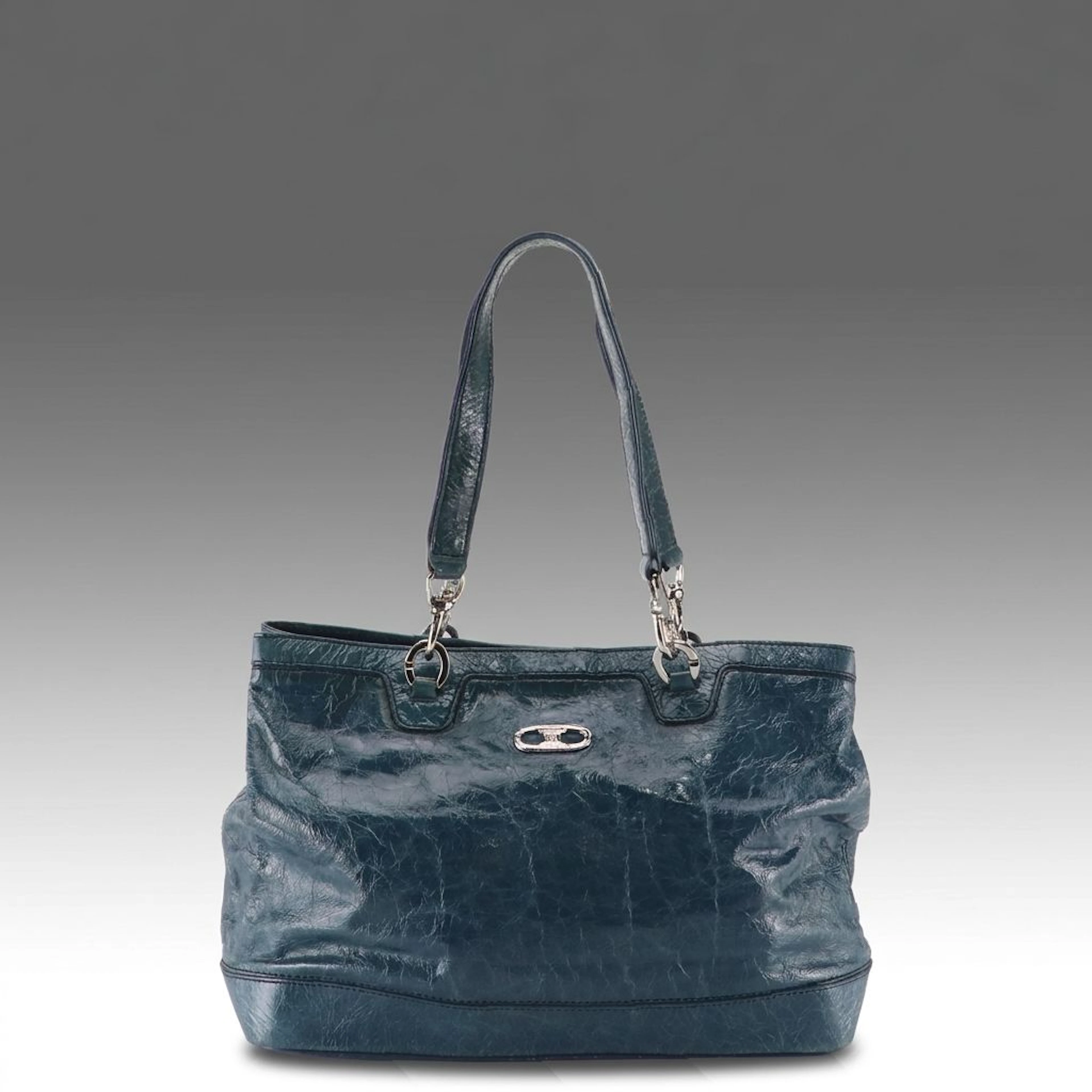 Celine Shoulder Tote in Teal Crinkled Patent Leather