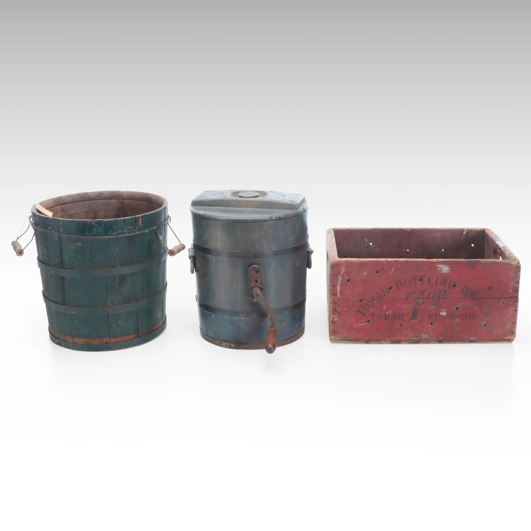 Tomah Bottling Works Crate, Primitive Bucket and Churn