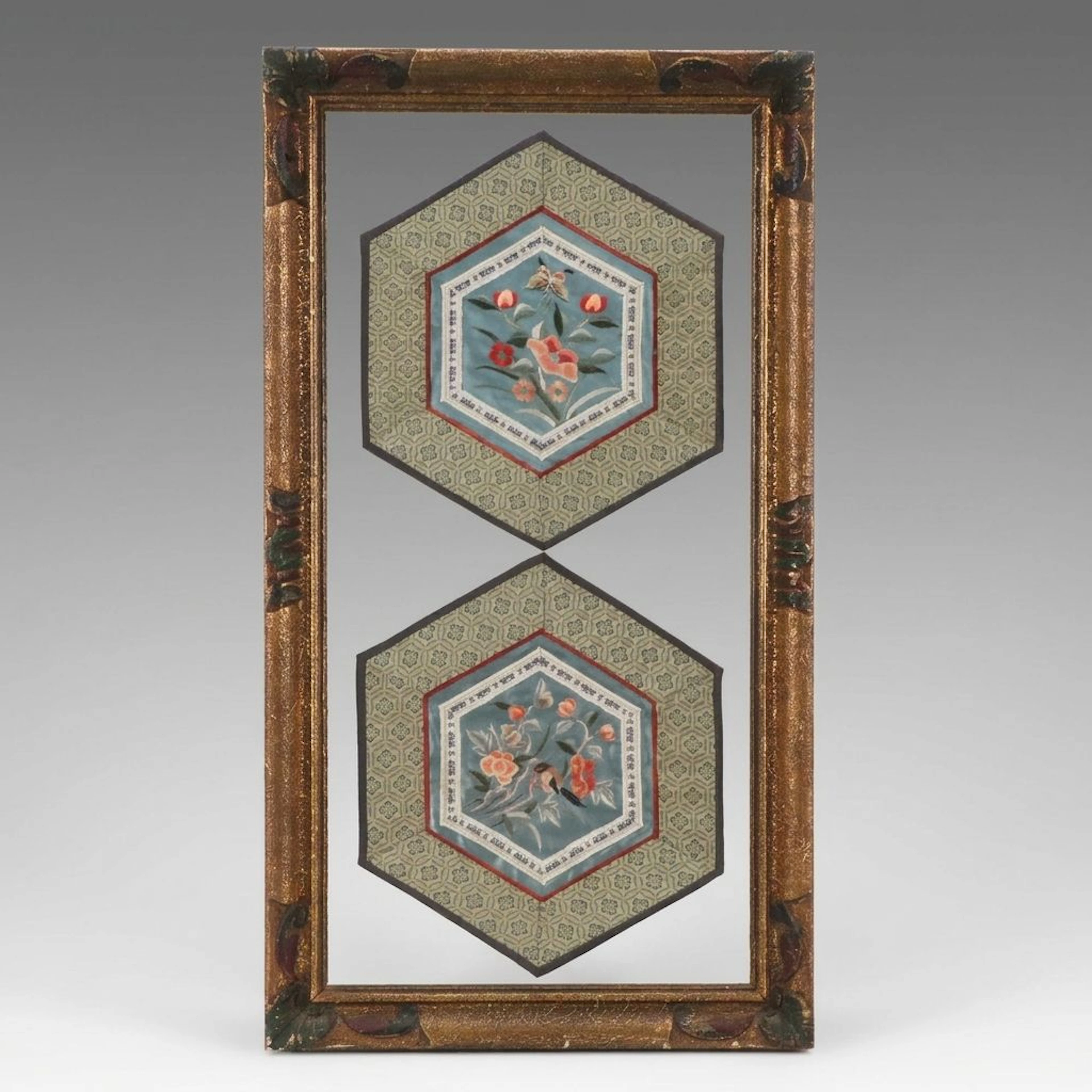 Chinese Silk Embroidery Hexagonal Panels, 20th Century