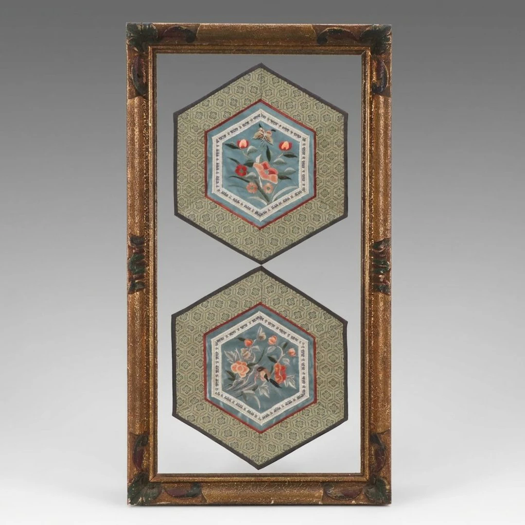 Chinese Silk Embroidery Hexagonal Panels, 20th Century