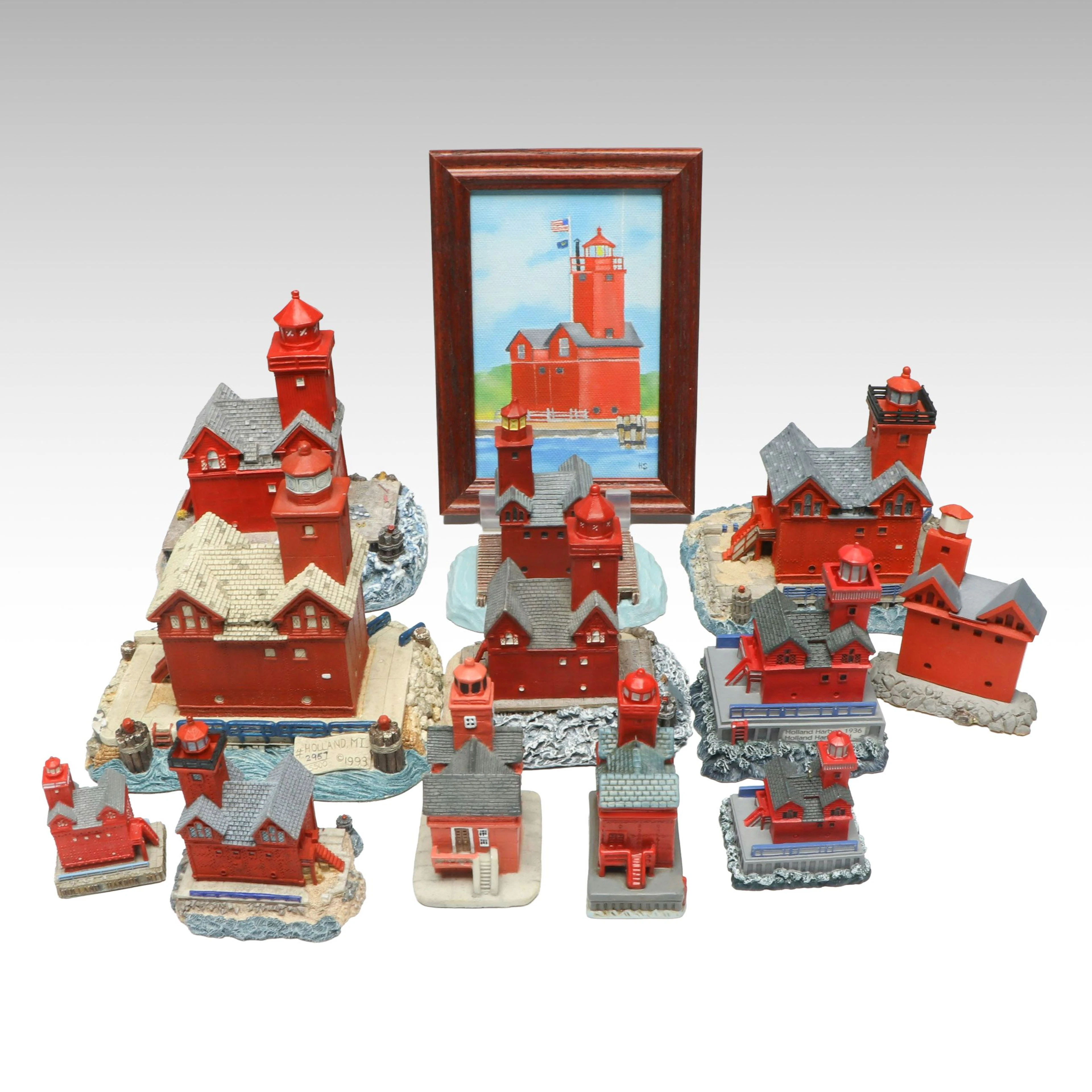 Lefton with Other Holland Harbor Lighthouse Figurines and Wall Hanging