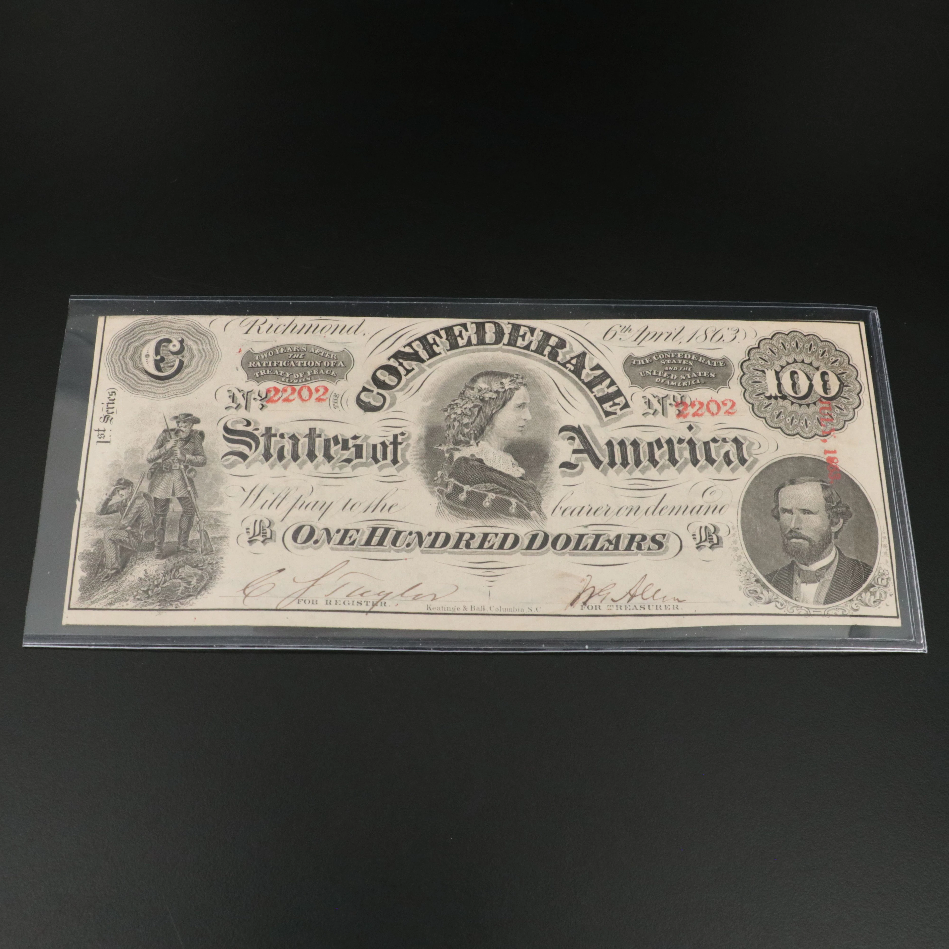 1863 $100 Confederate States of America Obsolete Currency Note