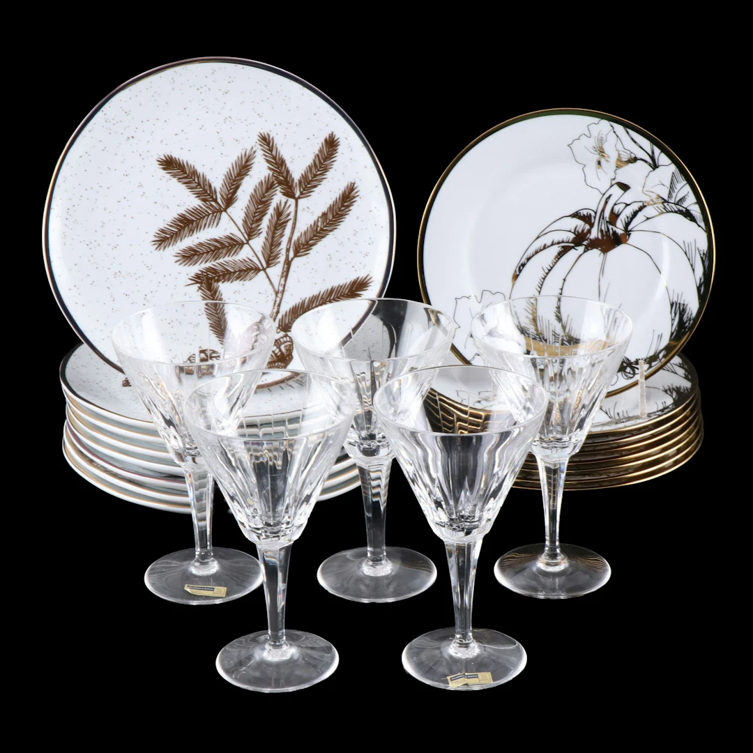 Villeroy & Boch Cut Crystal Goblets with Ciroa "Luxe" and More Plates