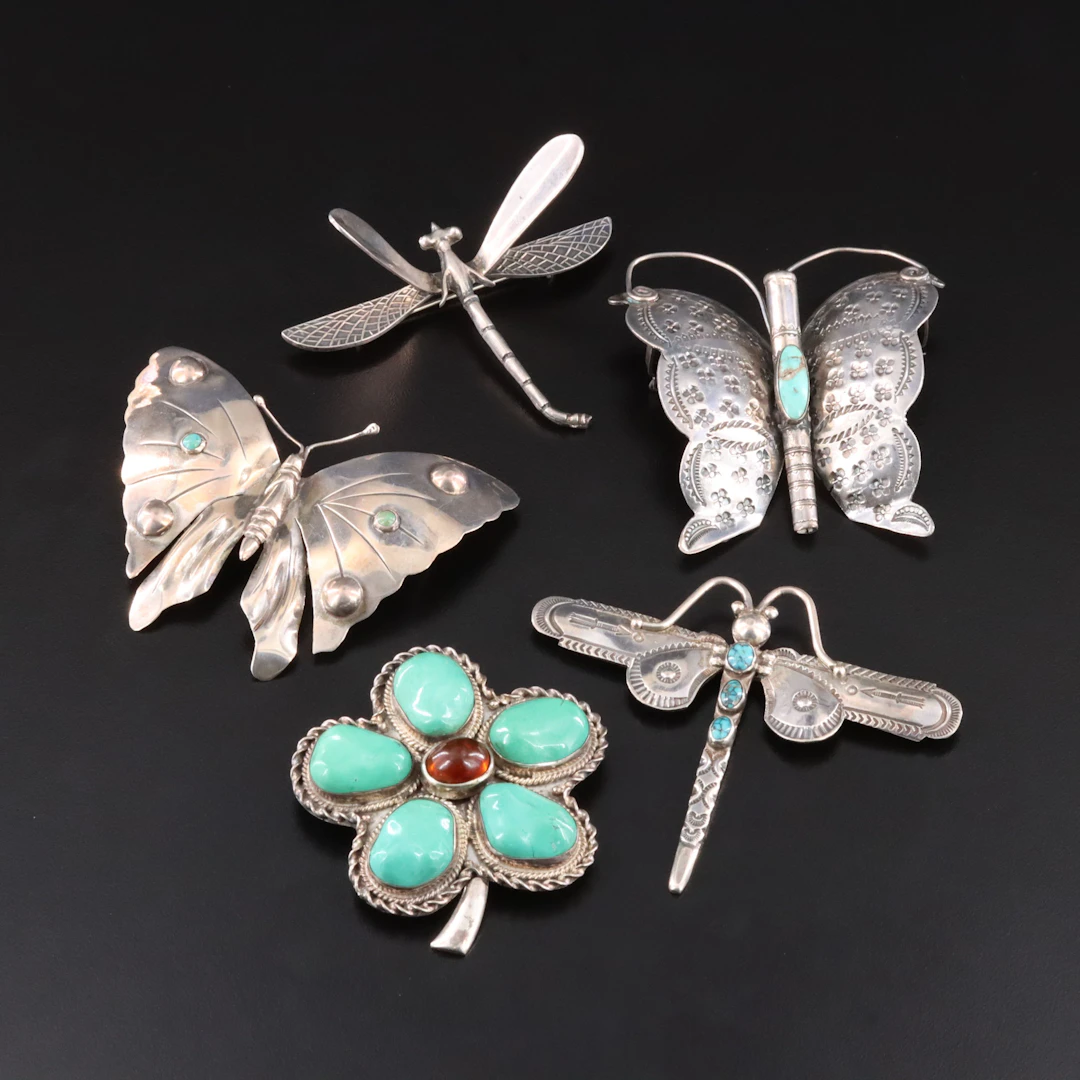 Morris Robinson Hopi Featured in Southwestern Sterling Brooches with Turquoise