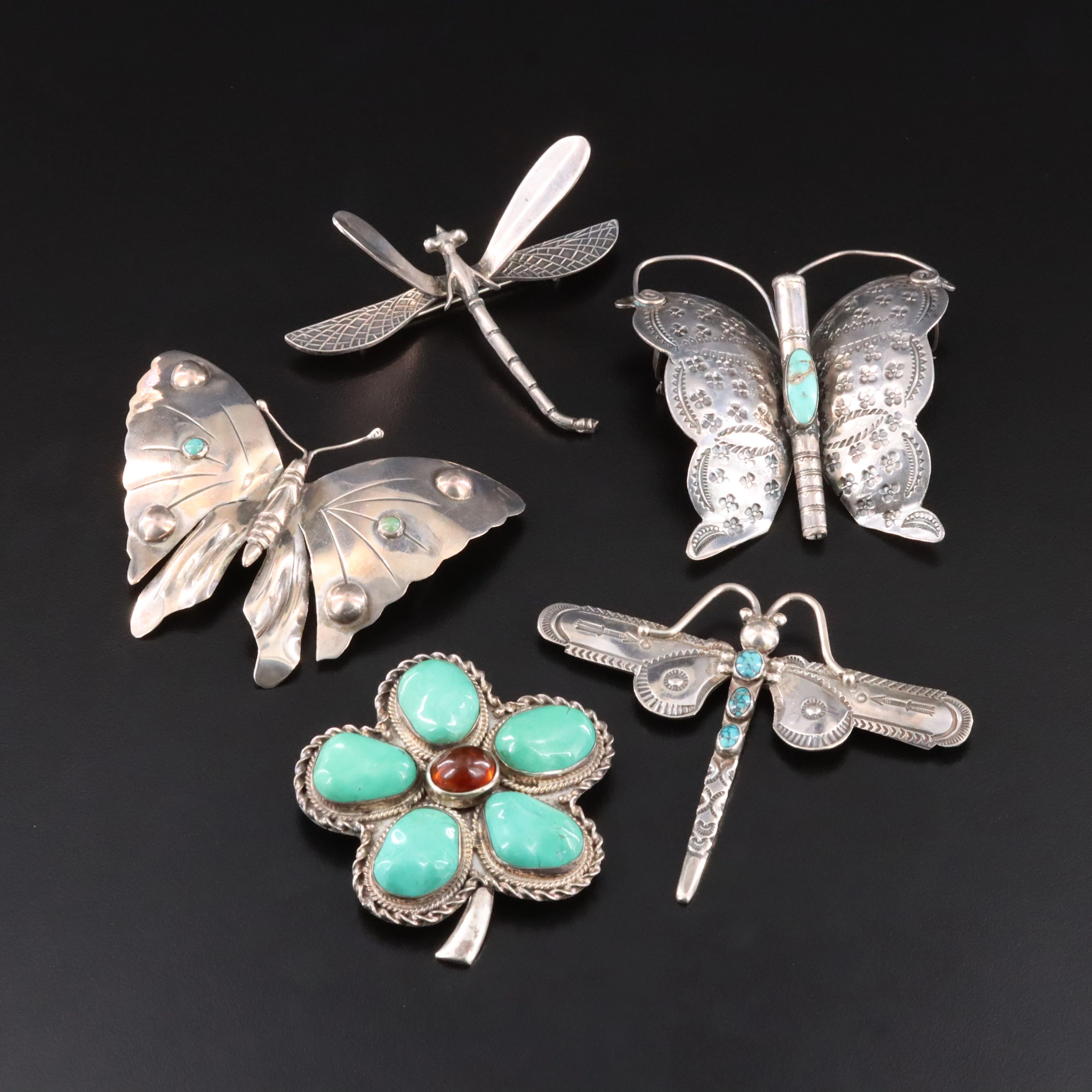 Morris Robinson Hopi Featured in Southwestern Sterling Brooches with Turquoise