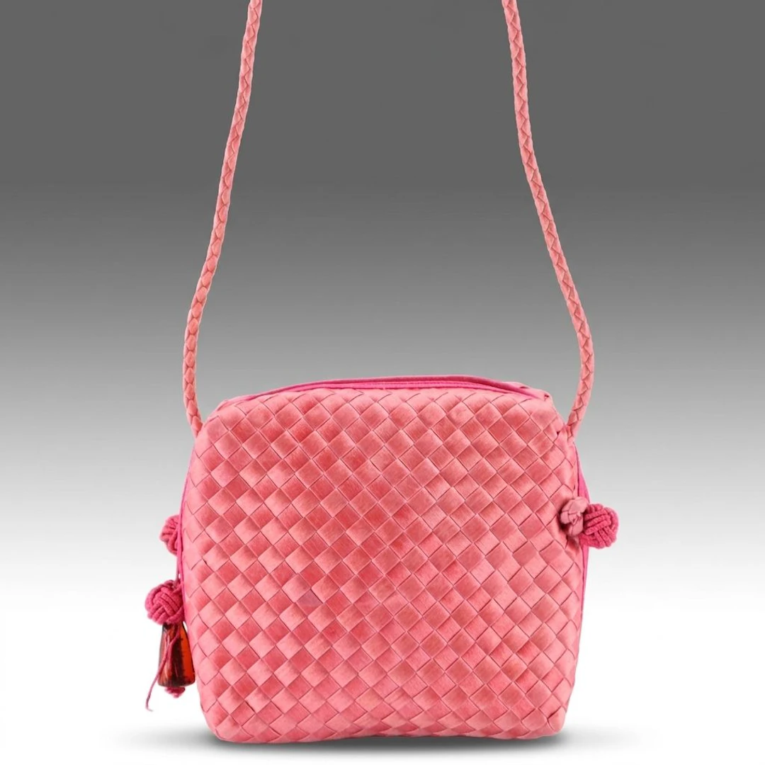 Bottega Veneta Square Zip Crossbody Bag in Pink Intrecciato Satin