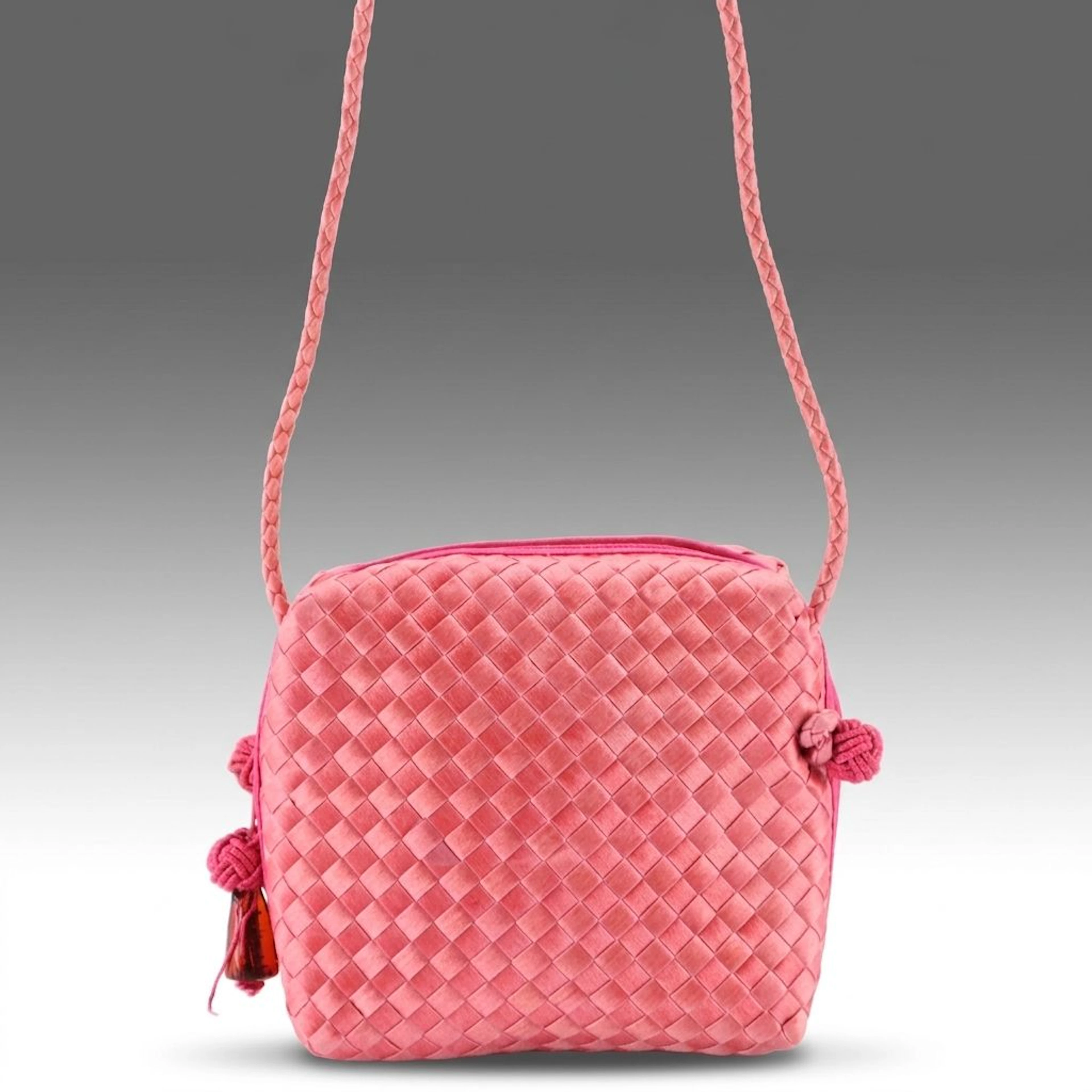 Bottega Veneta Square Zip Crossbody Bag in Pink Intrecciato Satin